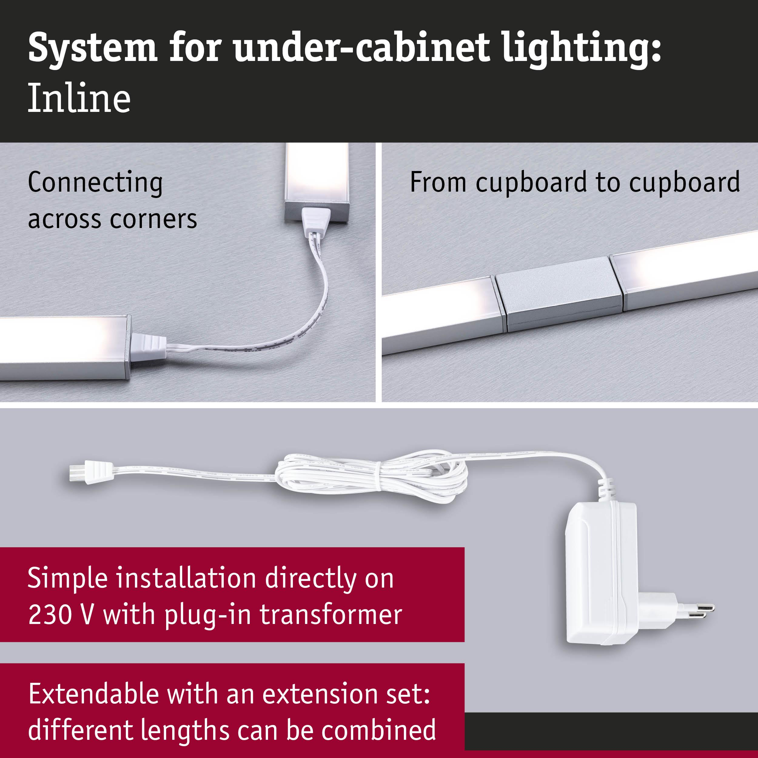 System oświetlenia podszafkowego: połączenia szeregowe, zasilacz i szczegóły montażu.