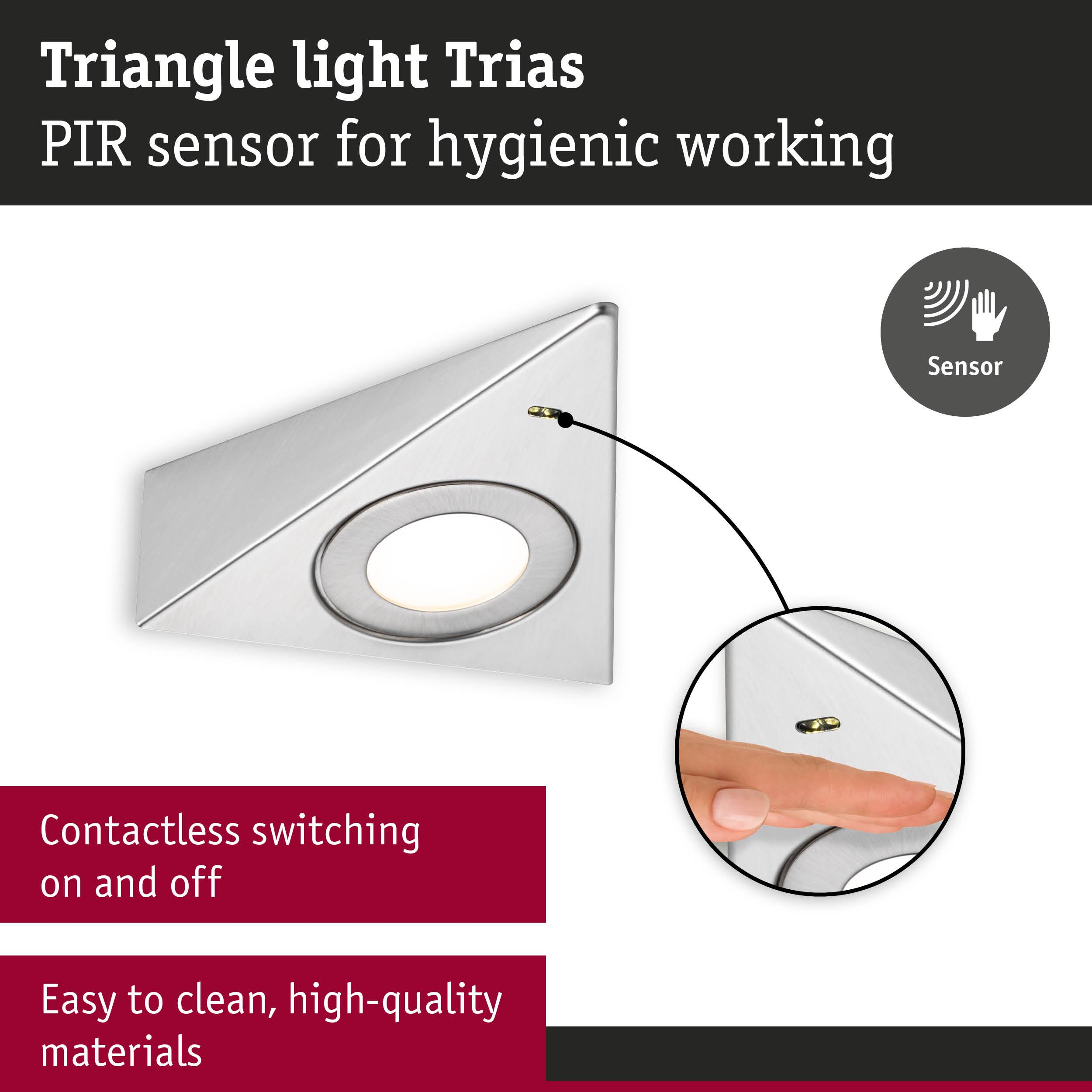 Trójkątne światło Trias z czujnikiem PIR, obsługa bezdotykowa.