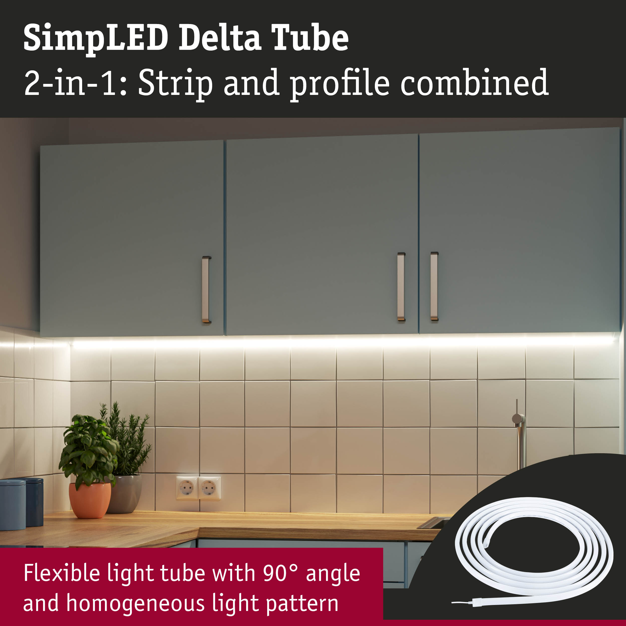 Kuchnia z szafkami, płytkami na ścianie i oświetleniem LED.