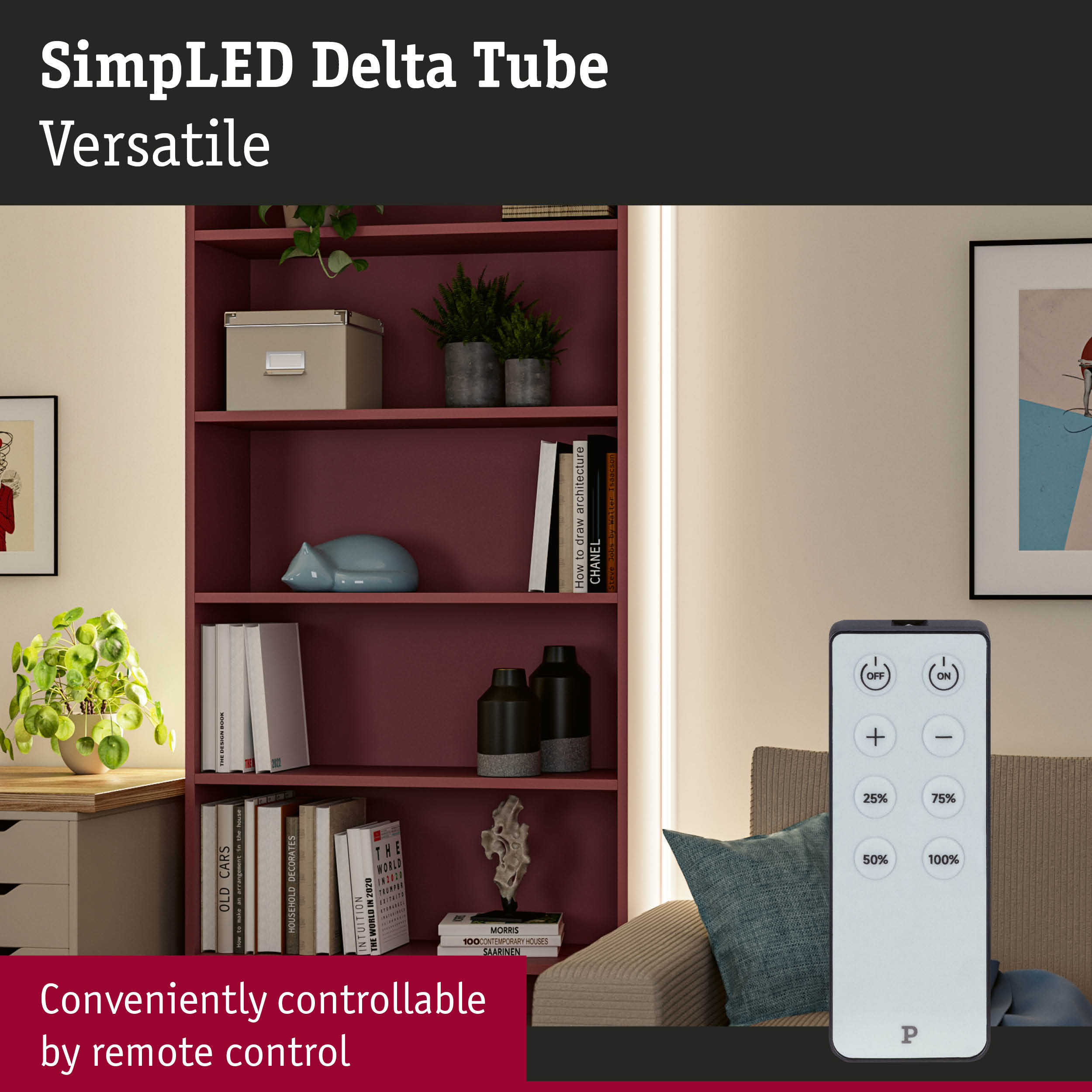 Bieliźnarka z książkami, roślinami i pilotem. Tekst na górze.