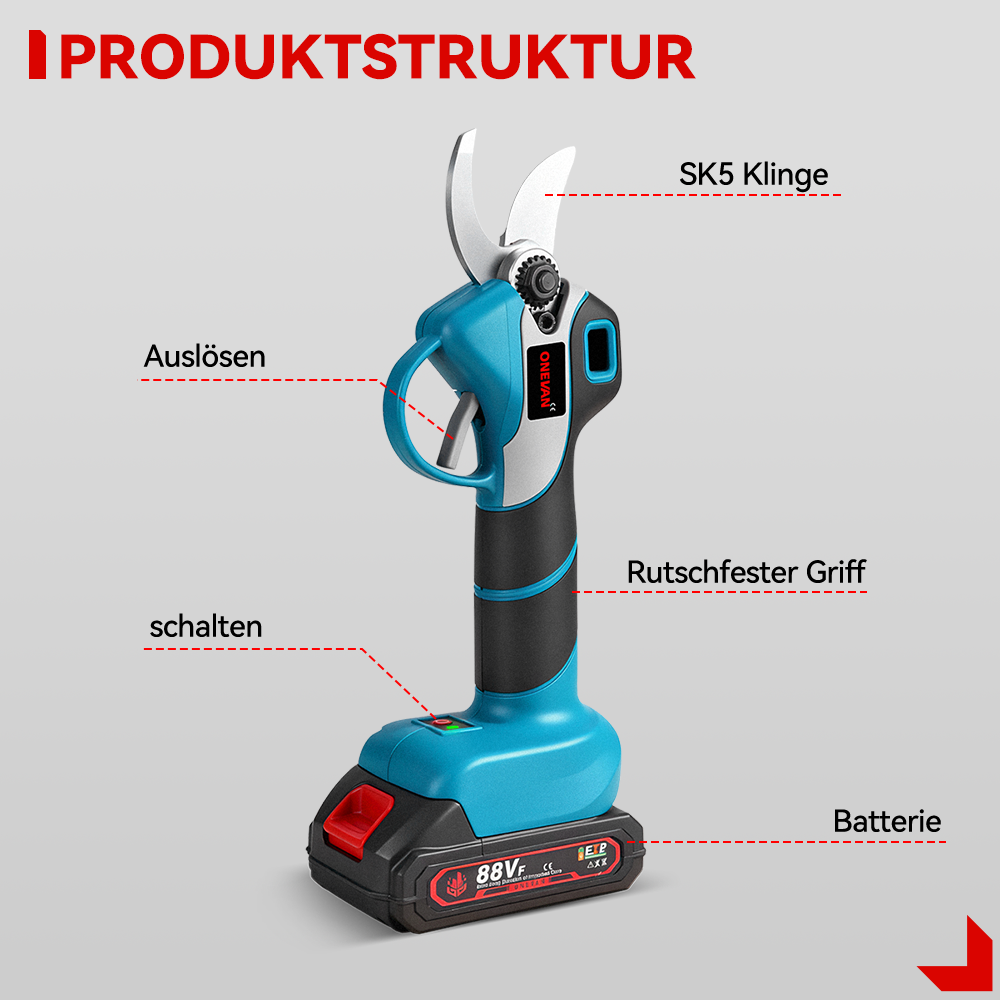 Elektrische Astschere mit SK5-Klinge, Auslöser, Schalter, rutschfestem Griff und Batterie.