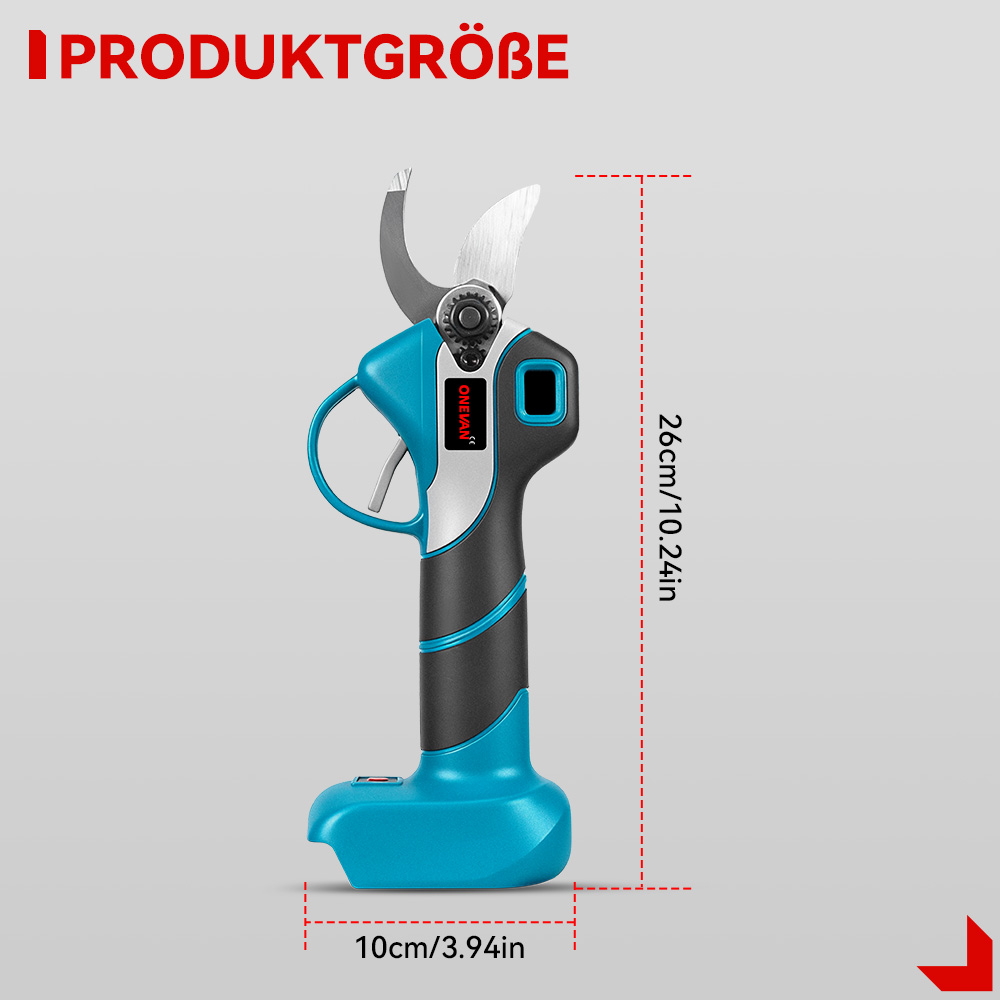 Elektrische Astschere: 26cm lang, 10cm breit. Blau, schwarz, grau.