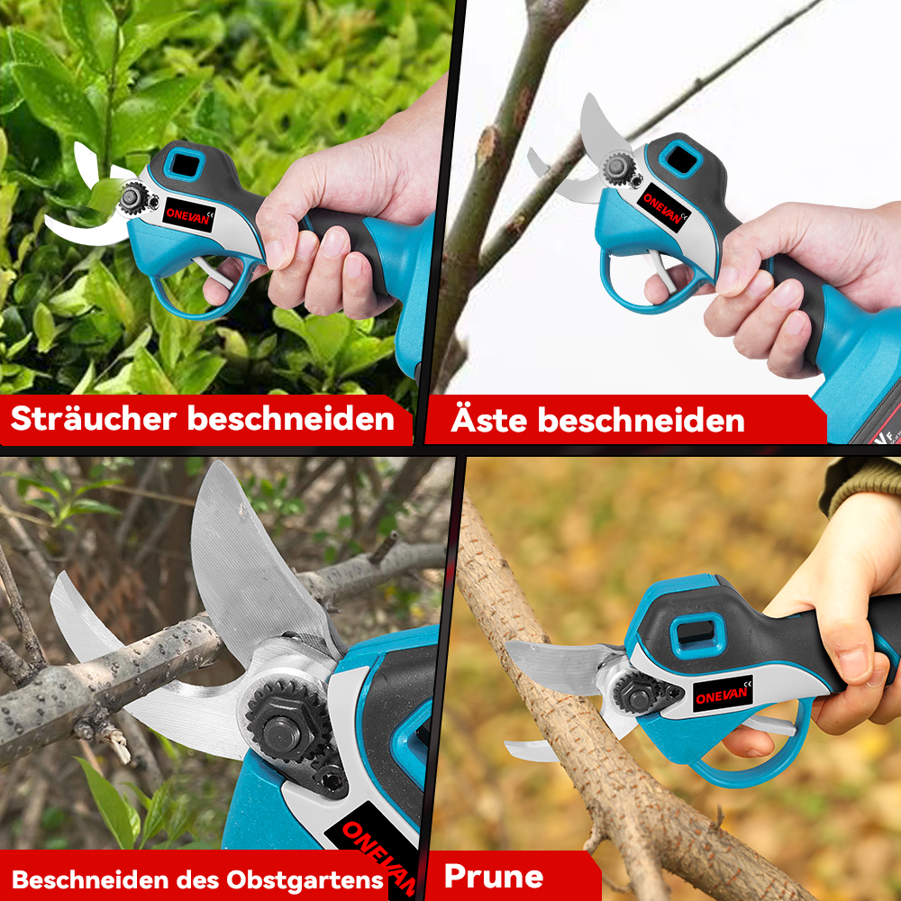 Vier Bilder zeigen eine elektrische Gartenschere in Aktion beim Beschneiden von Sträuchern und Ästen.