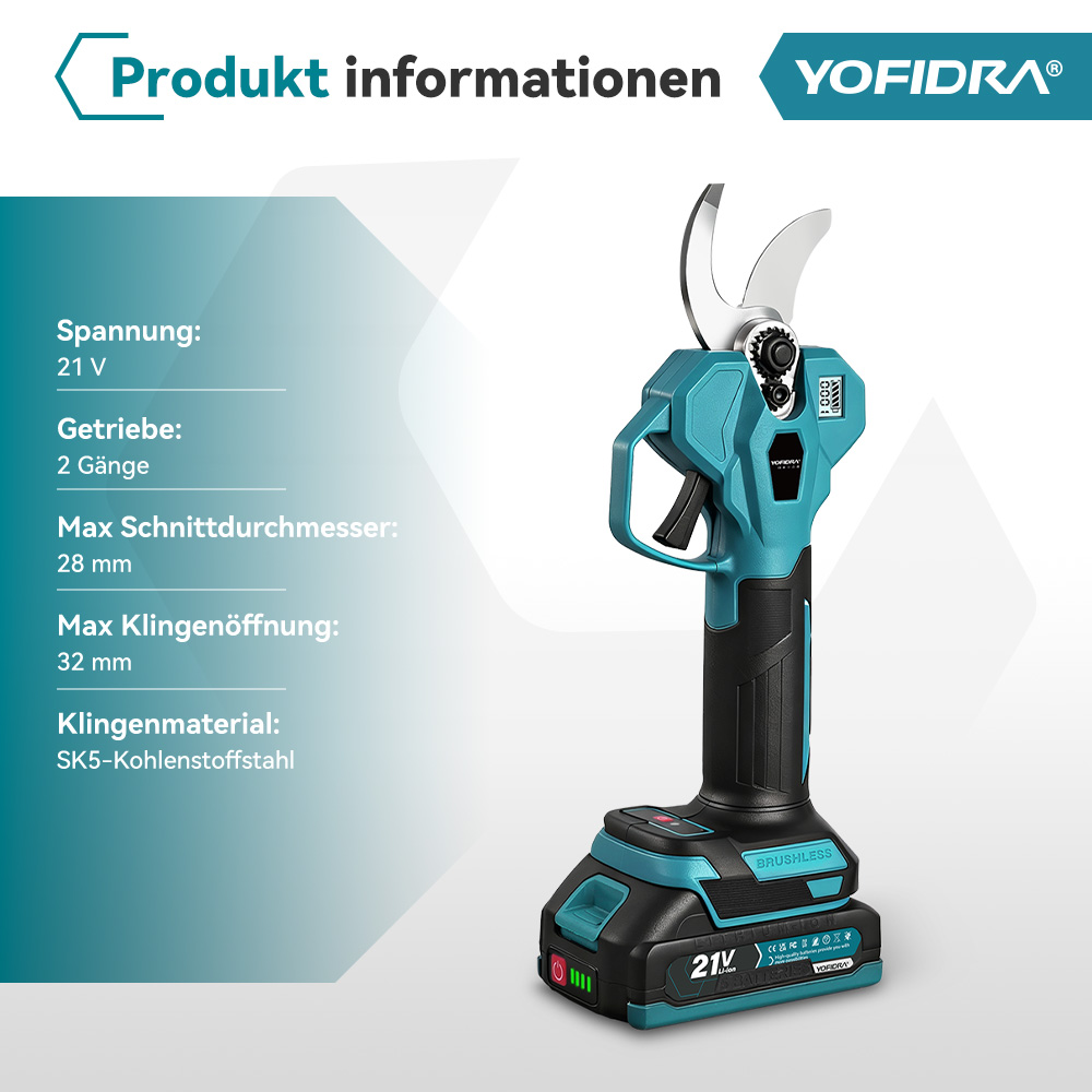 Elektrische Gartenschere mit Akku, 21V, 2 Gänge, 28mm Schnitt. Türkis und Schwarz.