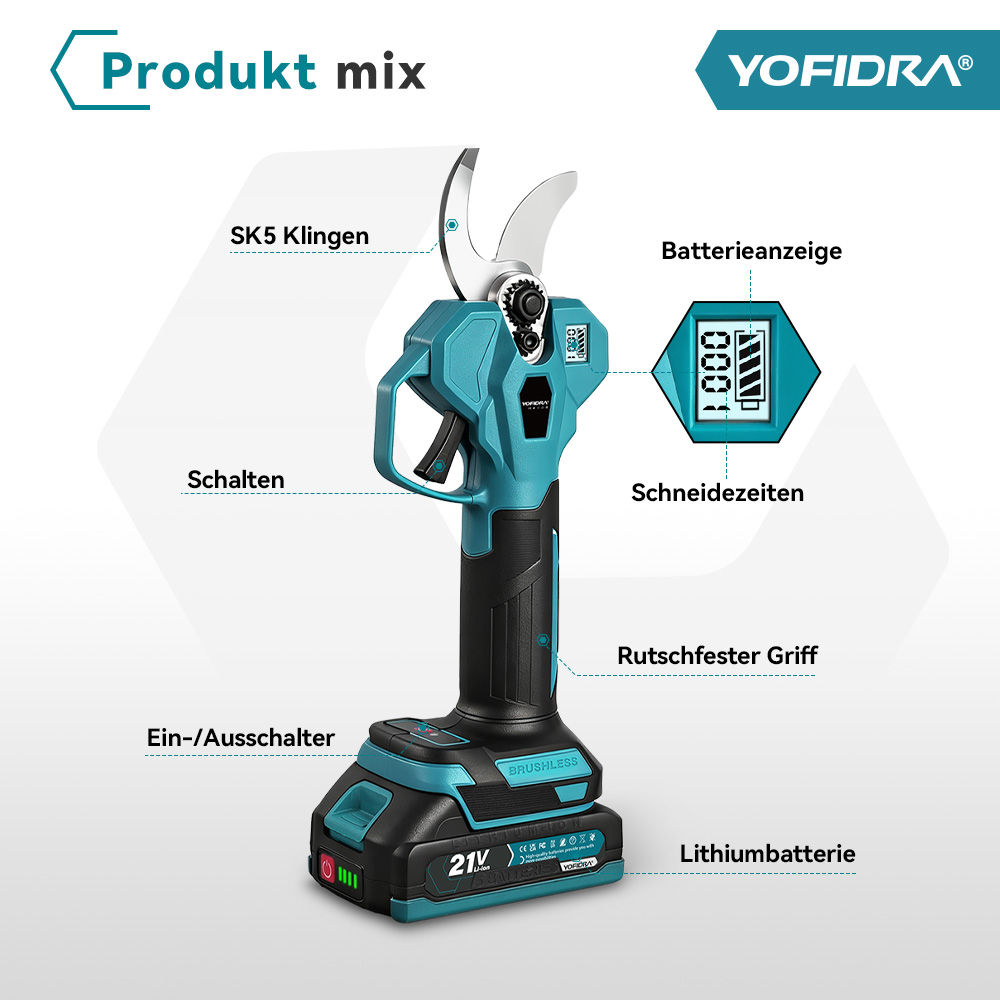 Elektrische Astschere mit Lithiumbatterie, SK5-Klingen, Griff und Batterieanzeige.
