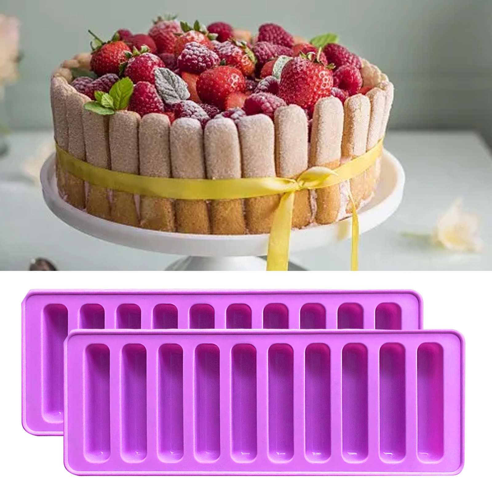 Ein Charlotte-Kuchen mit Beeren und eine lila Eisform.