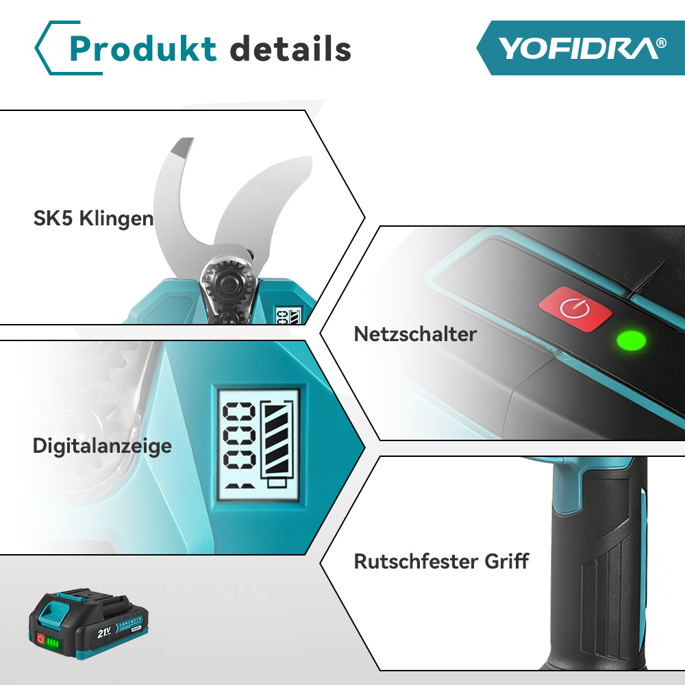 Produkt-Details: SK5-Klingen, Netzschalter, Digitalanzeige, rutschfester Griff, Batterie.
