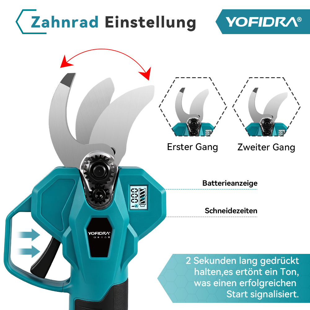 Elektrische Astschere mit Zahnradeinstellung, Batterieanzeige und Schneidezeiten.