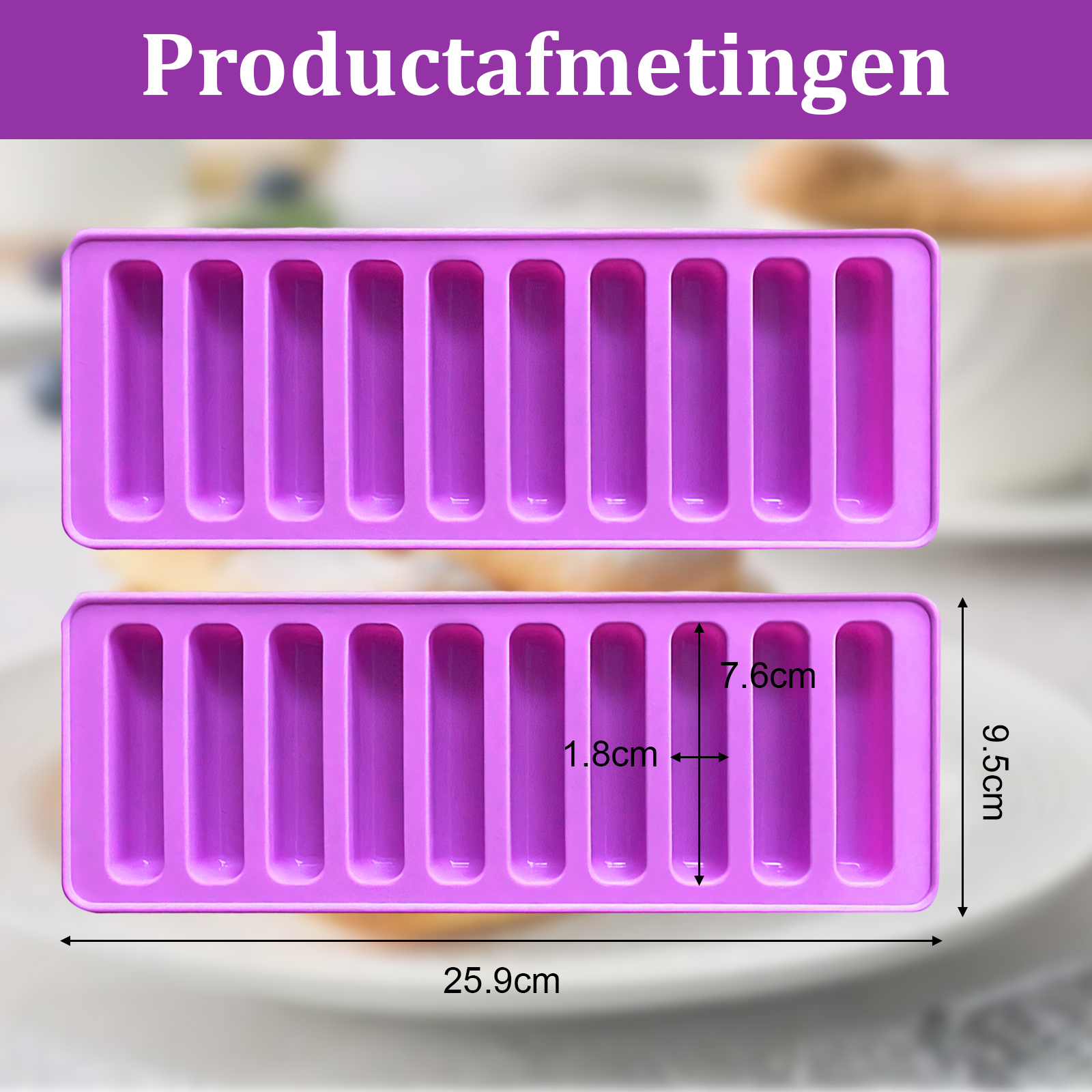 Lila Eisformen mit 10 Fächern und Maßen: 25.9cm x 9.5cm, Tiefe 7.6cm, Breite 1.8cm.