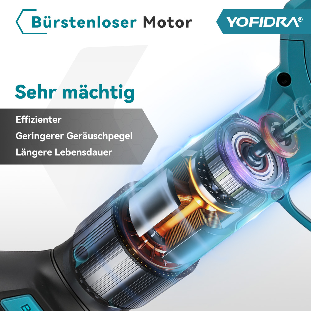 Nahaufnahme eines bürstenlosen Motors mit leuchtenden Spulen in einem Werkzeug.