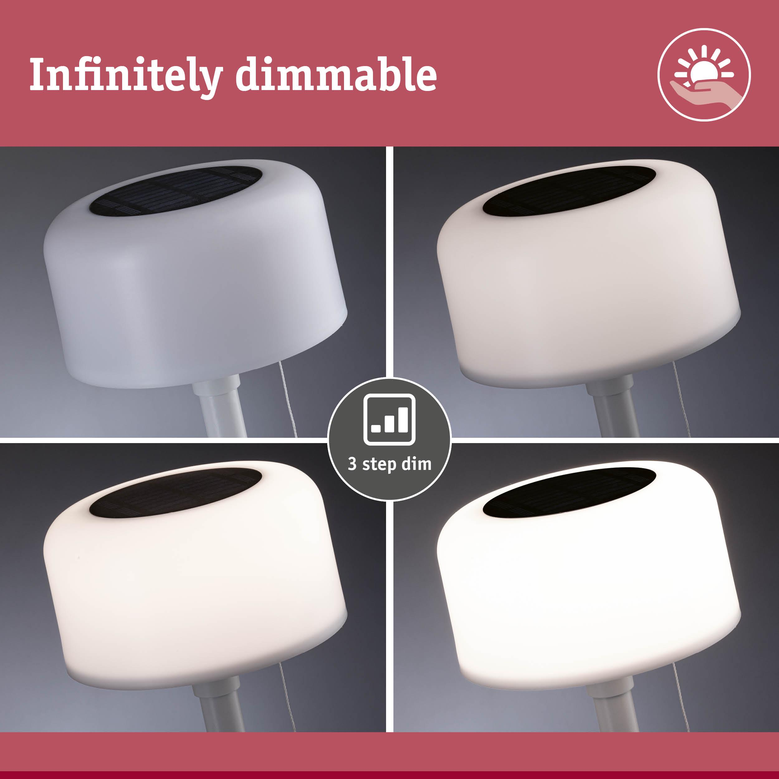 Cztery widoki ściemnialnej lampy solarnej z czarną górą i białym korpusem.