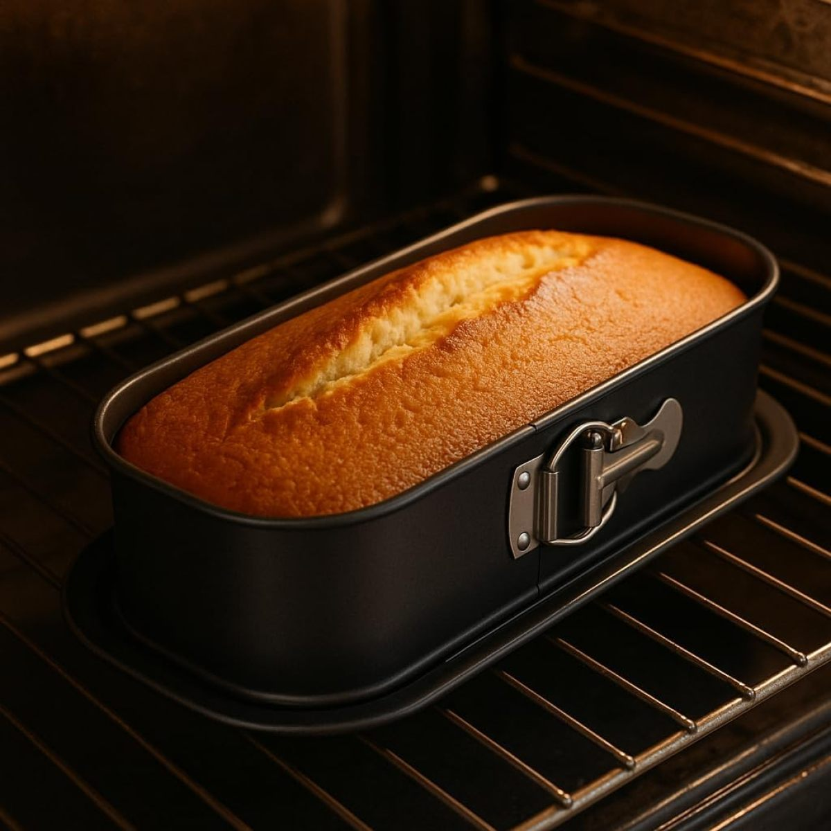 Ein goldbrauner Kuchen in einer schwarzen Backform auf einem Ofenrost.