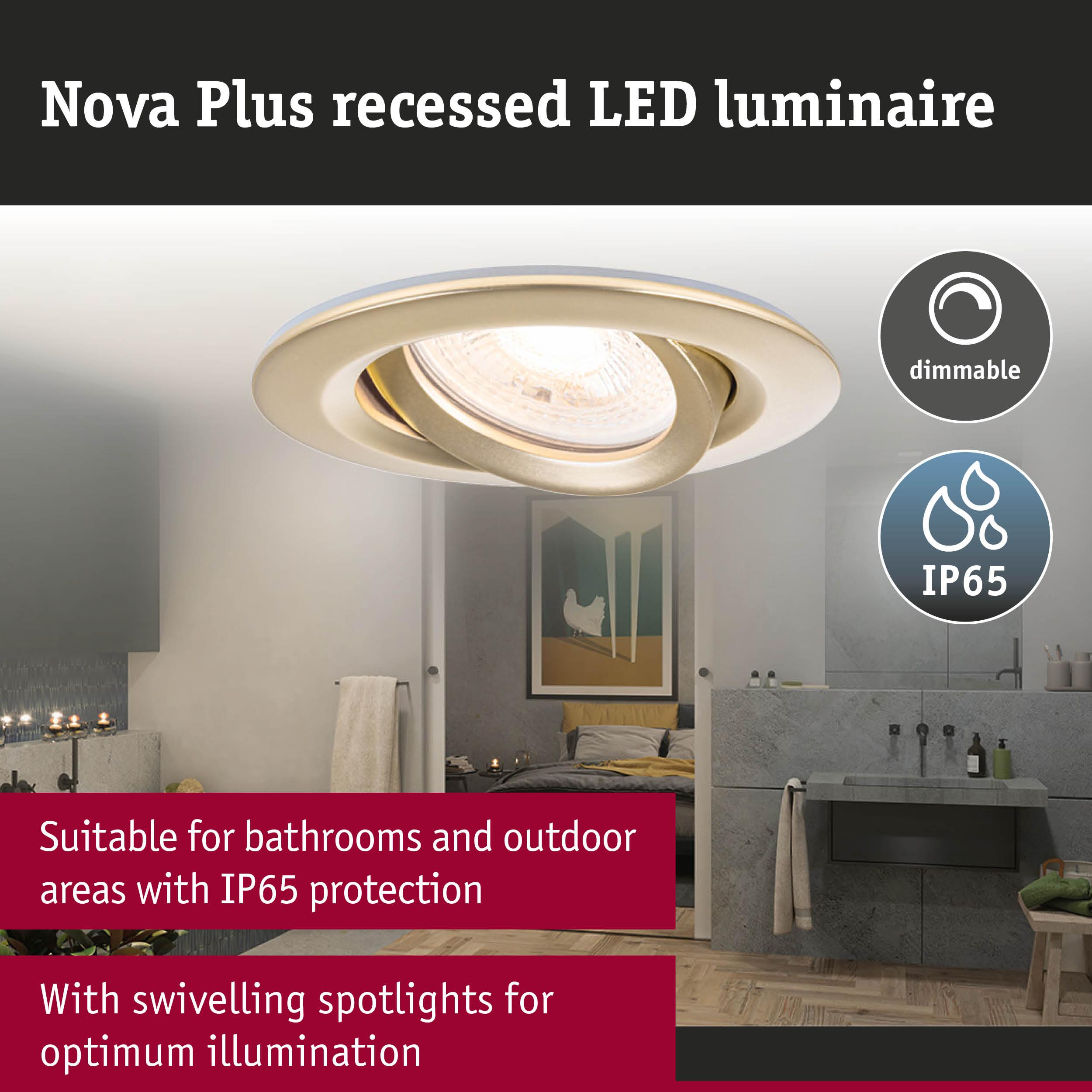 Nova Plus Einbauleuchte mit schwenkbaren Spots, dimmbar, IP65.