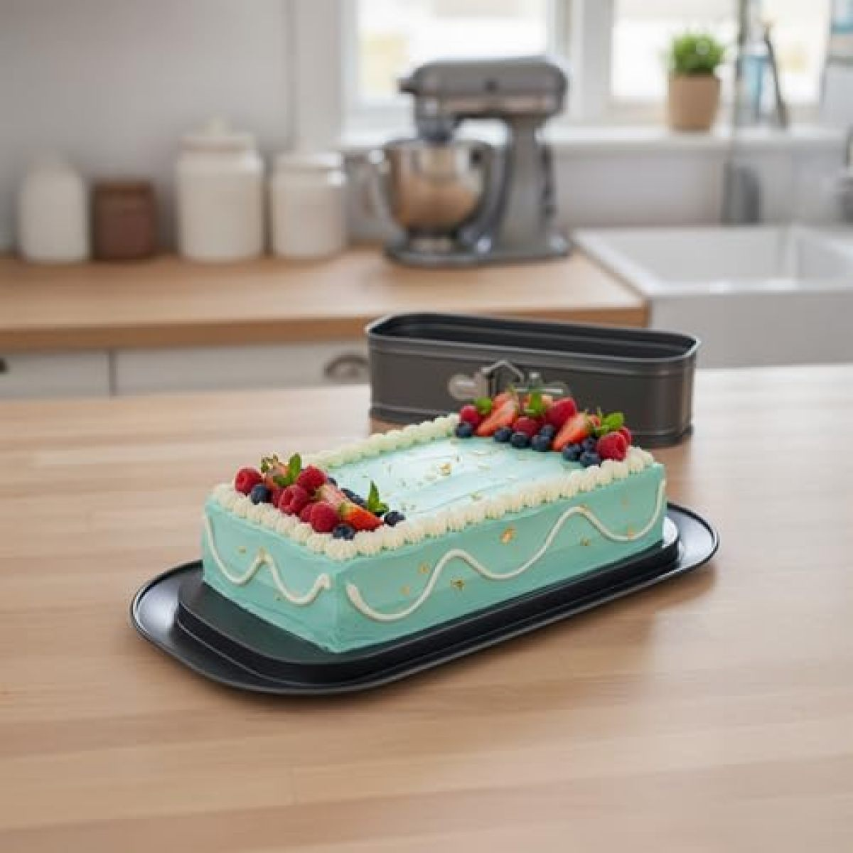 Ein rechteckiger Kuchen mit hellblauer Glasur und Beeren garniert auf einem Holztisch.