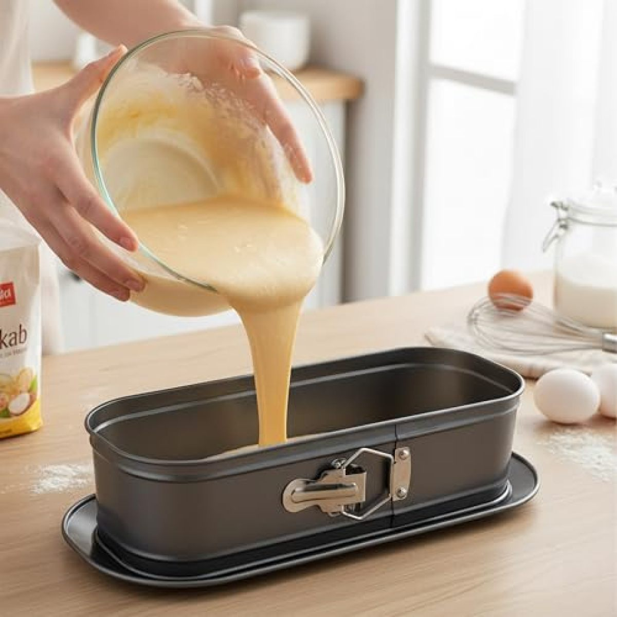 Kuchenteig aus einer Glasschüssel in eine rechteckige Backform auf einem Holztisch gießen.