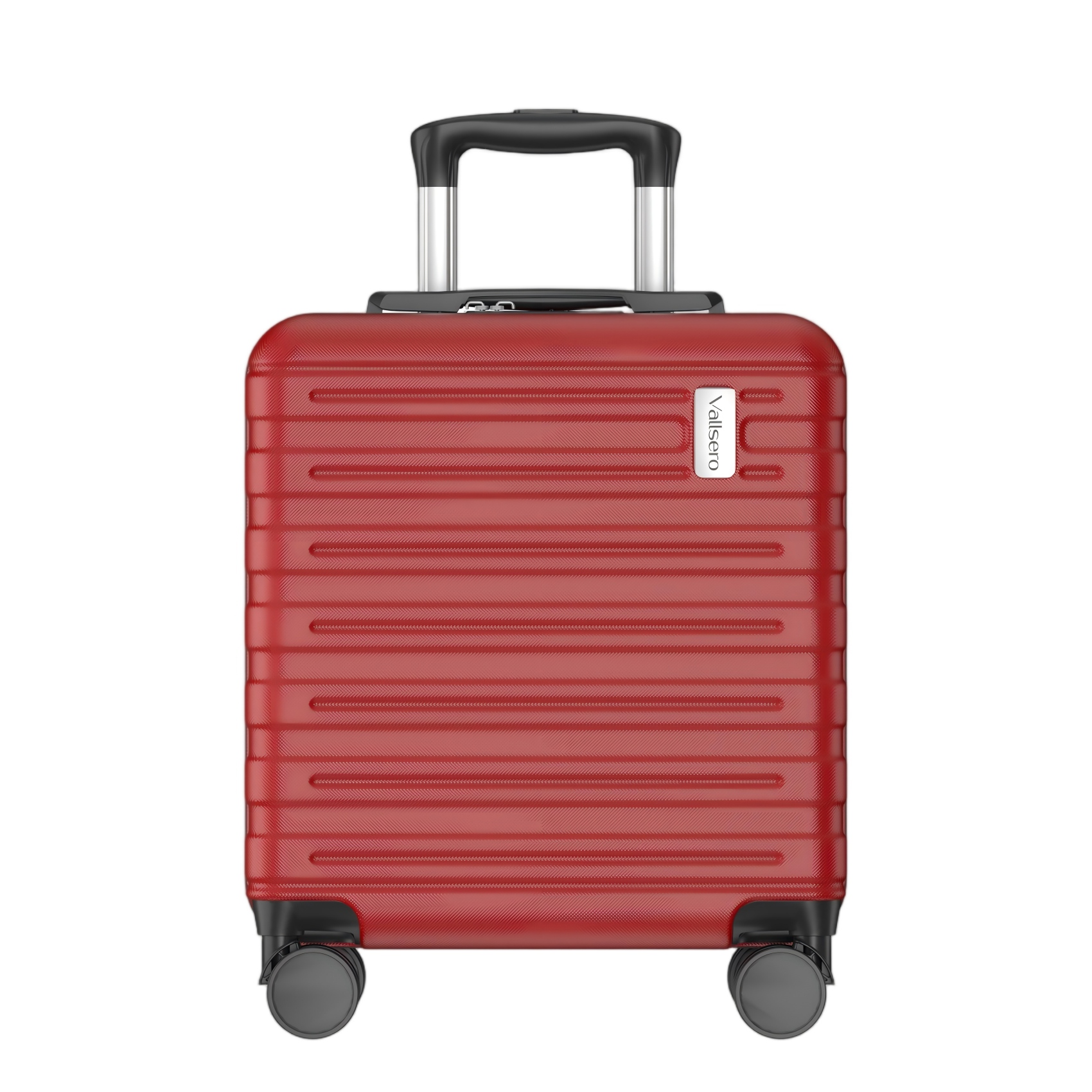 A red rolling suitcase with a retractable handle and four wheels.