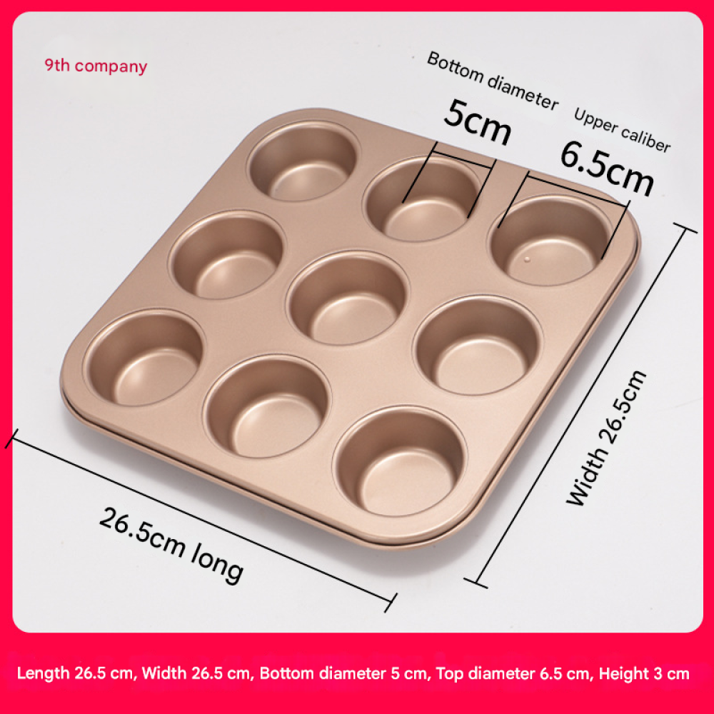 Goldene Muffinform, 26,5 cm lang und breit, 9 Mulden.