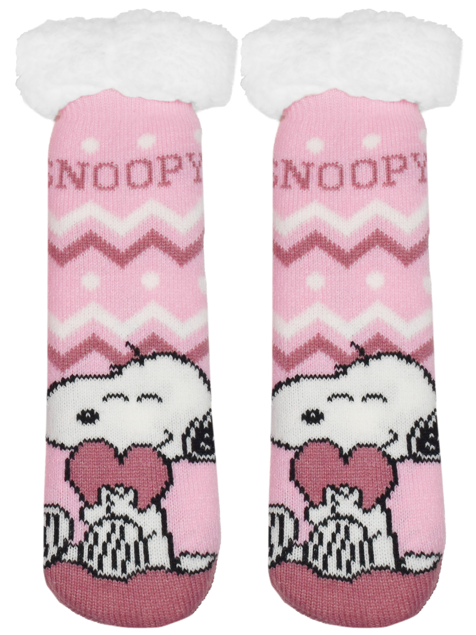 Zwei rosa Socken mit Snoopy-Motiv, Herzen und weißem Fellbesatz.