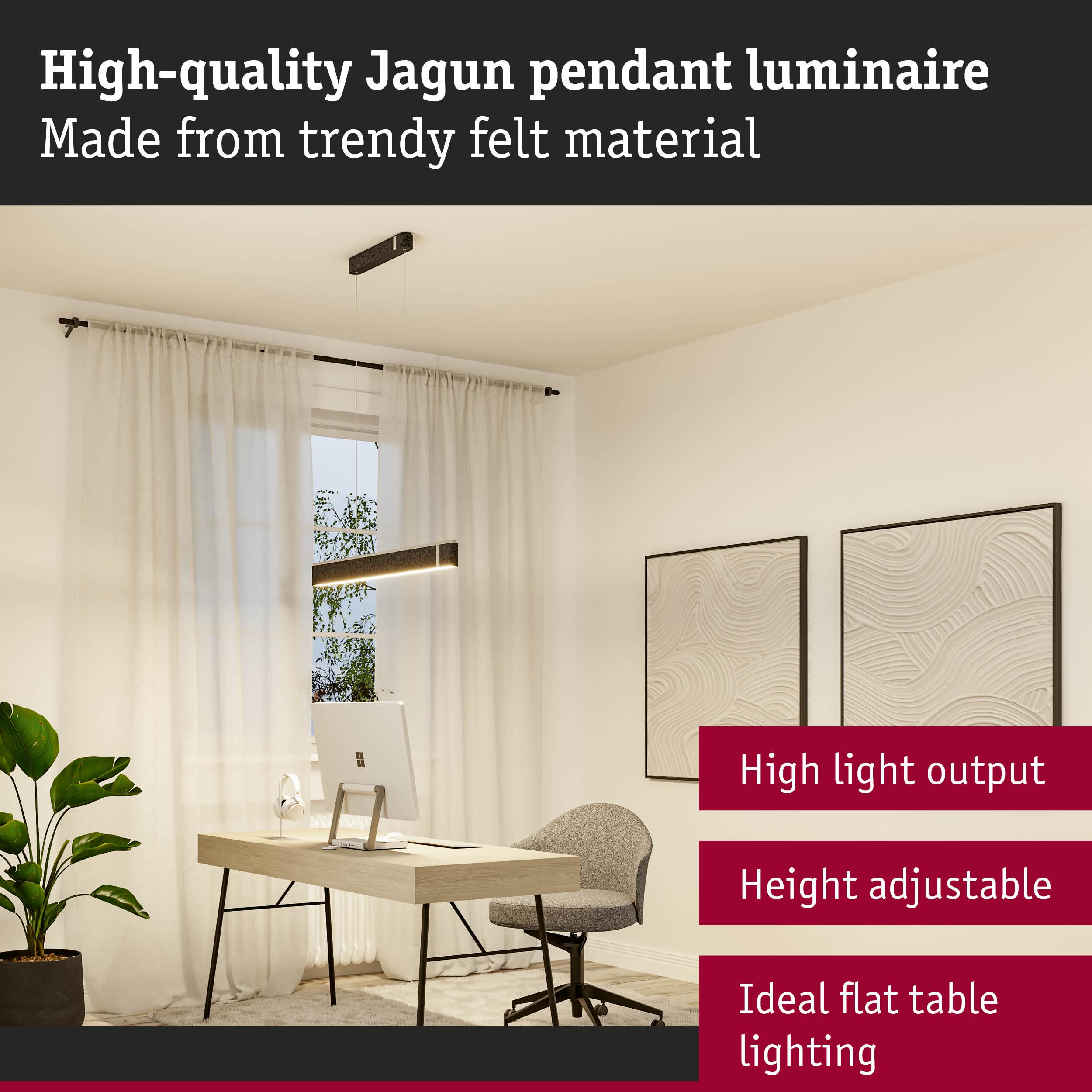 Nowoczesne biurko z komputerem, krzesłem, rośliną i lampą wiszącą.