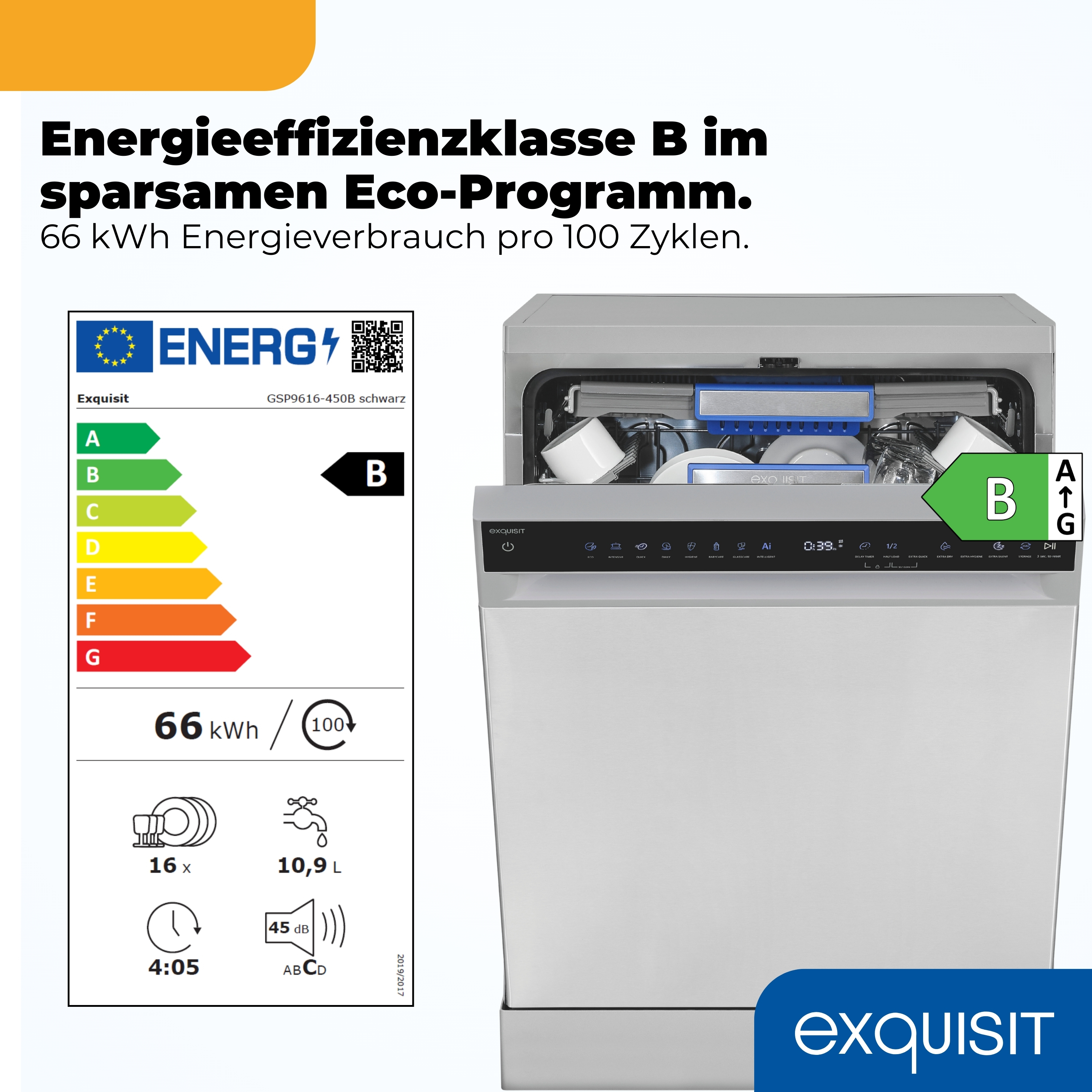 Exquisit Geschirrspüler mit Energieeffizienzklasse B und Ecco-Programm.
