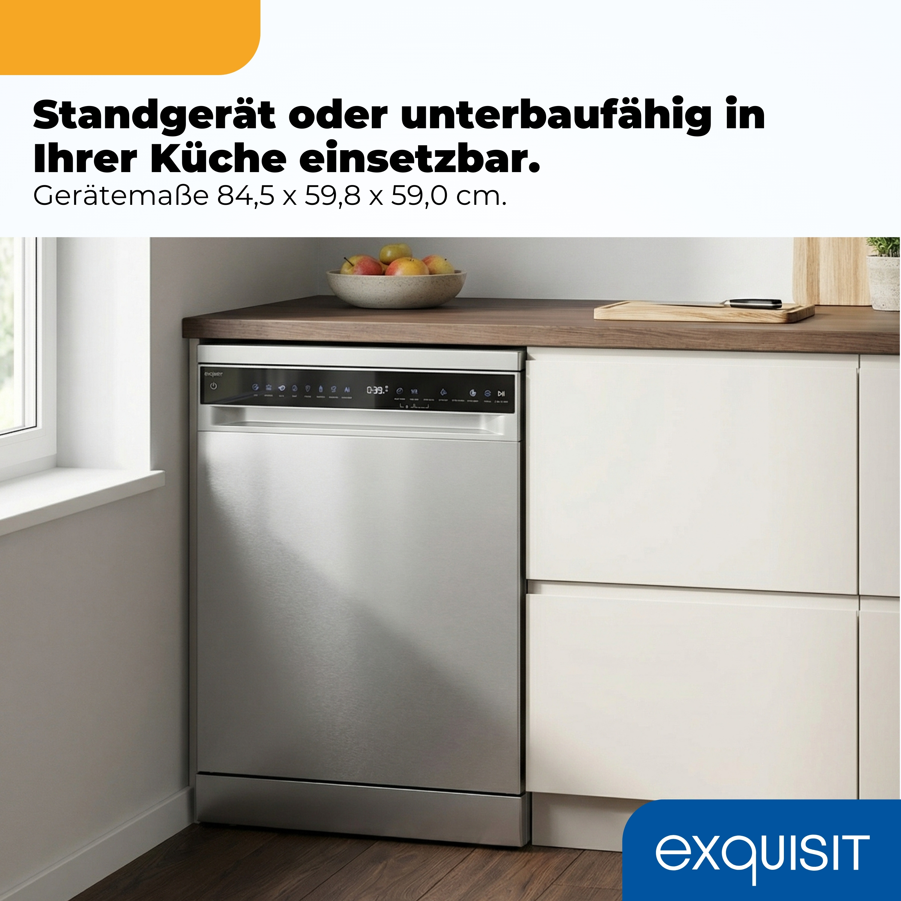 Edelstahl-Geschirrspüler in einer Küche mit Obstschale und Messer.
