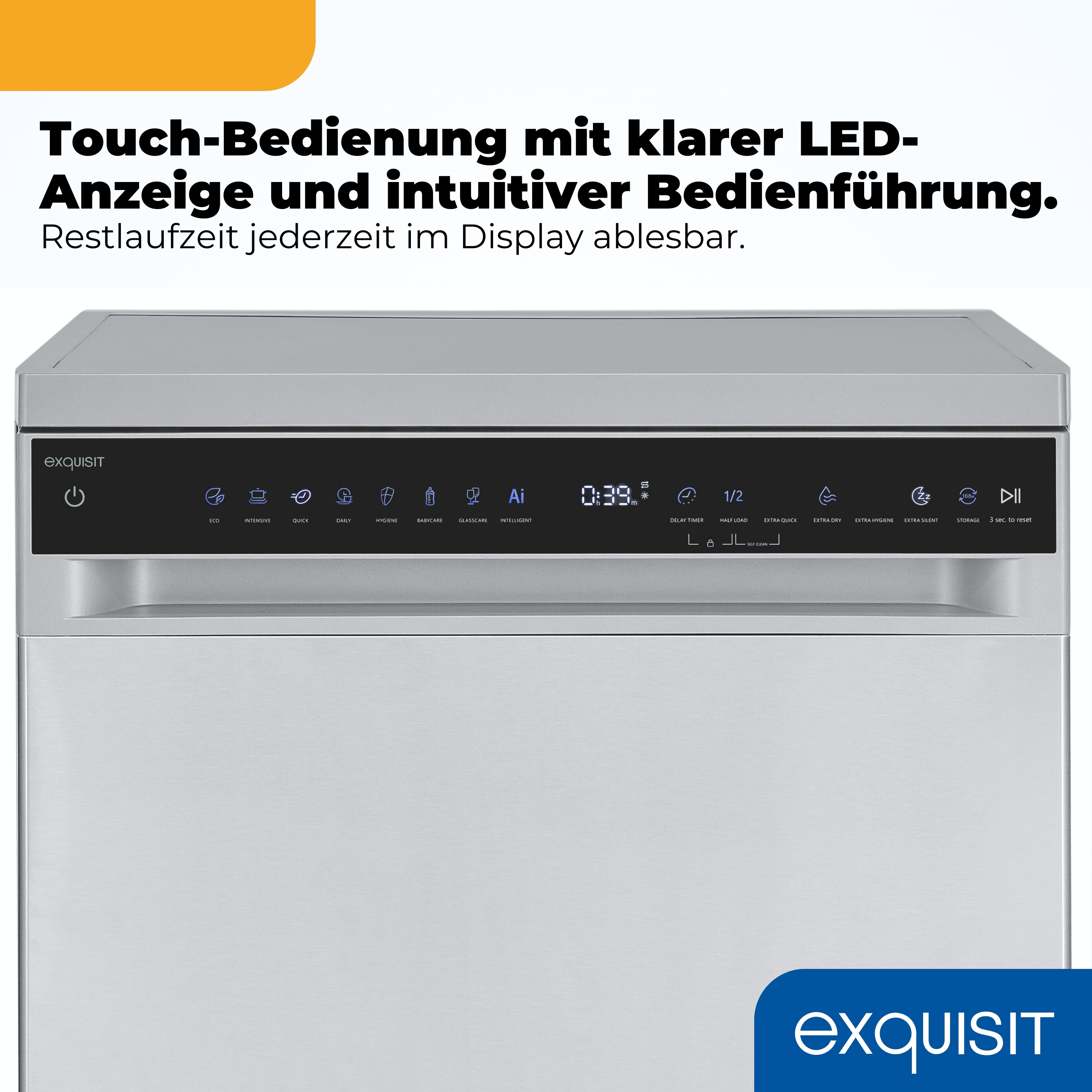 Edles Bedienfeld einer Spülmaschine mit Touch-Bedienung und LED-Anzeige.