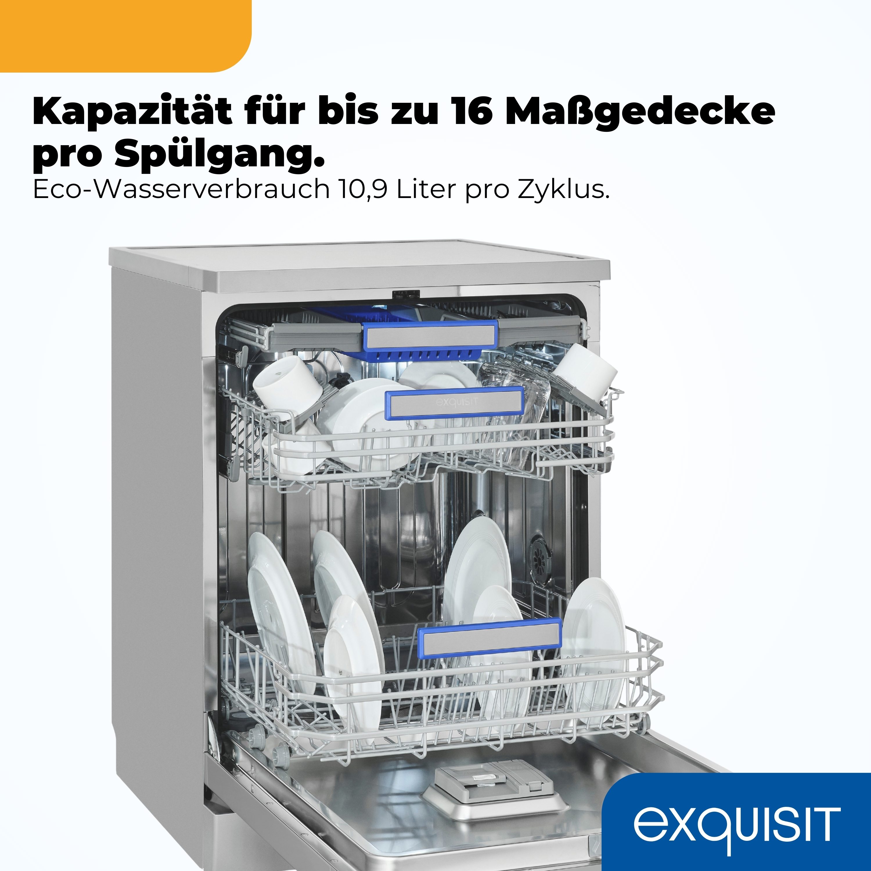 Edelstahl-Geschirrspüler mit geöffneter Tür, gefüllt mit Tellern und Gläsern.