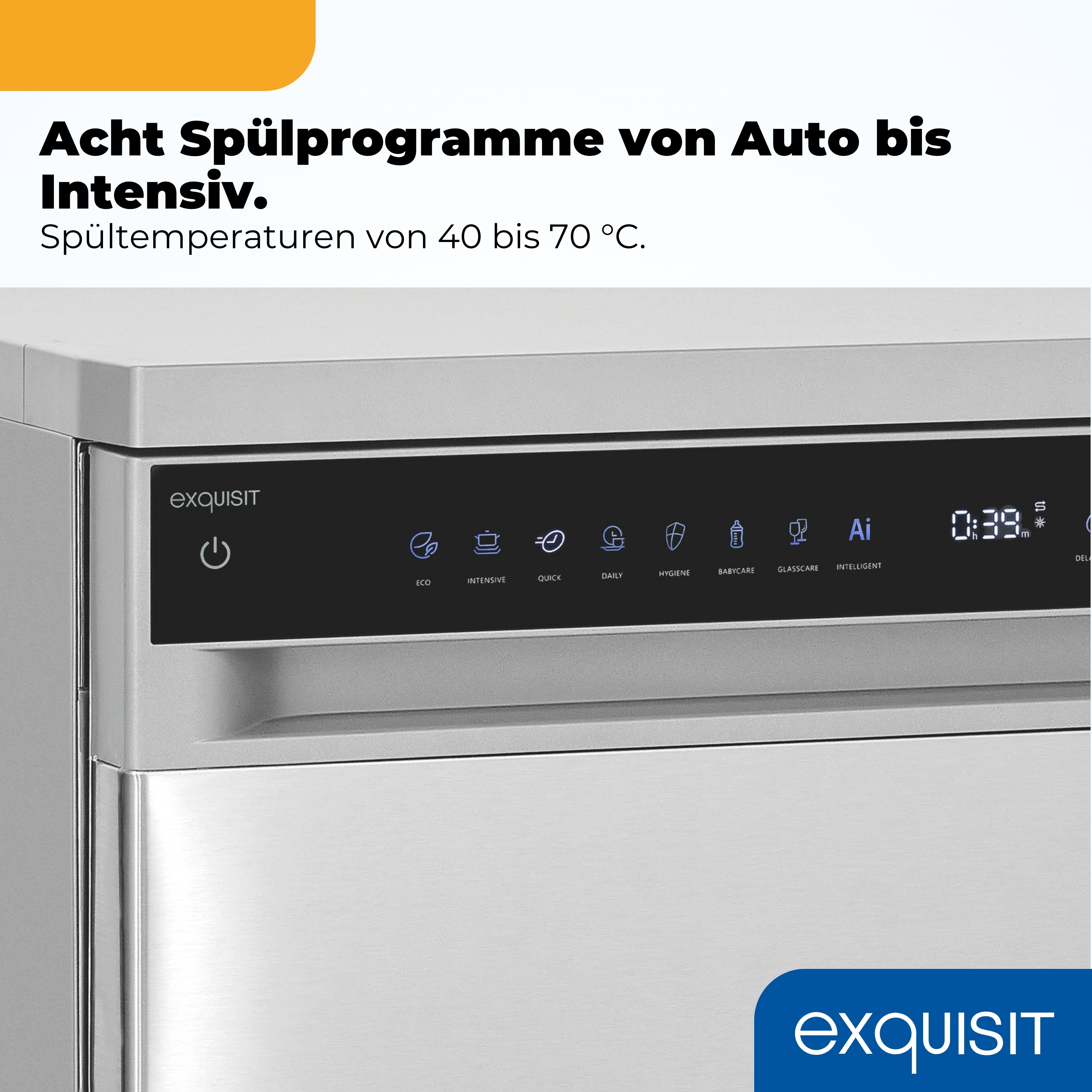 Exquisit Geschirrspüler mit Programmen wie Eco, Intensiv, Babycare. Display zeigt 0:39.