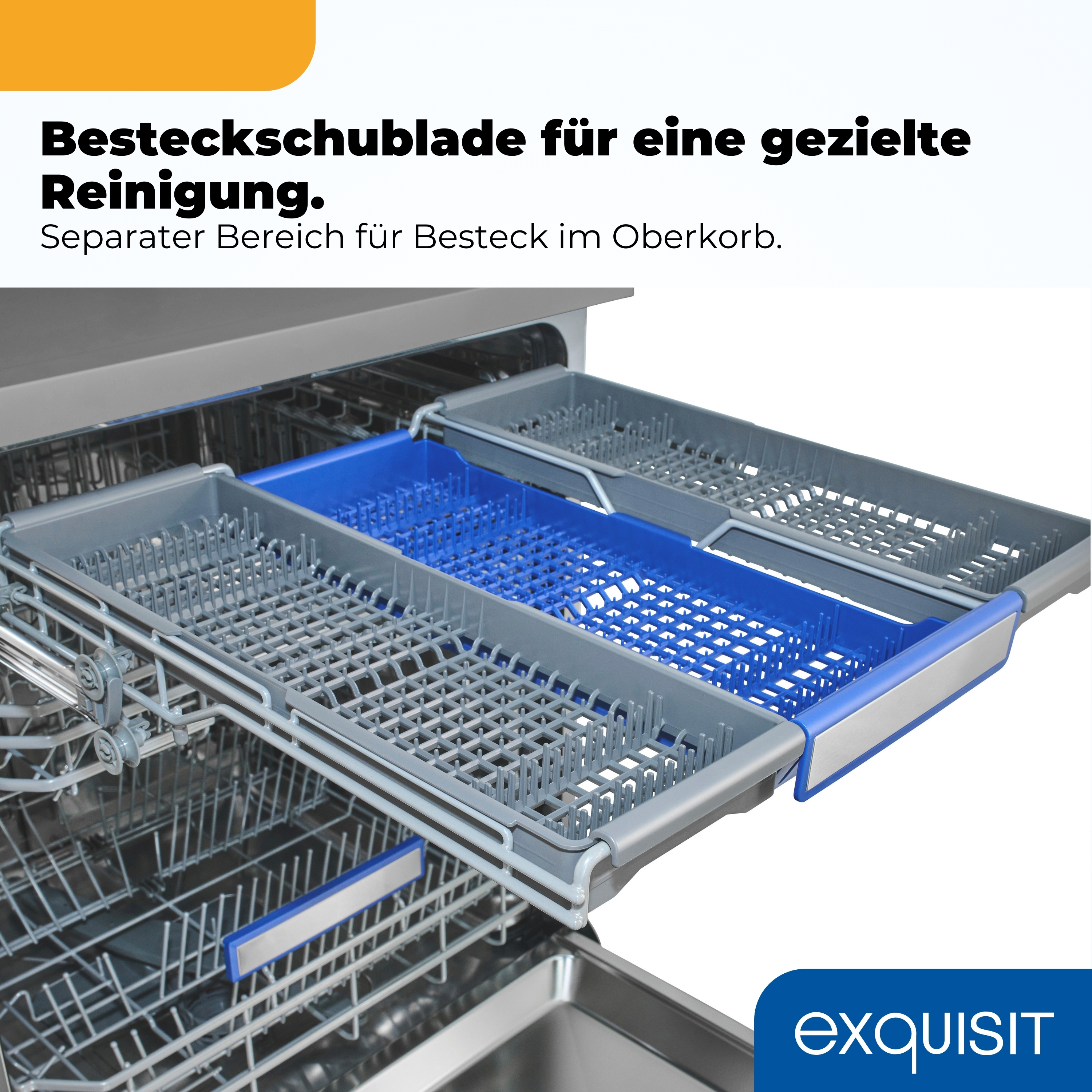 Geschirrkorb mit separater Besteckschublade oben. Grau und blau.