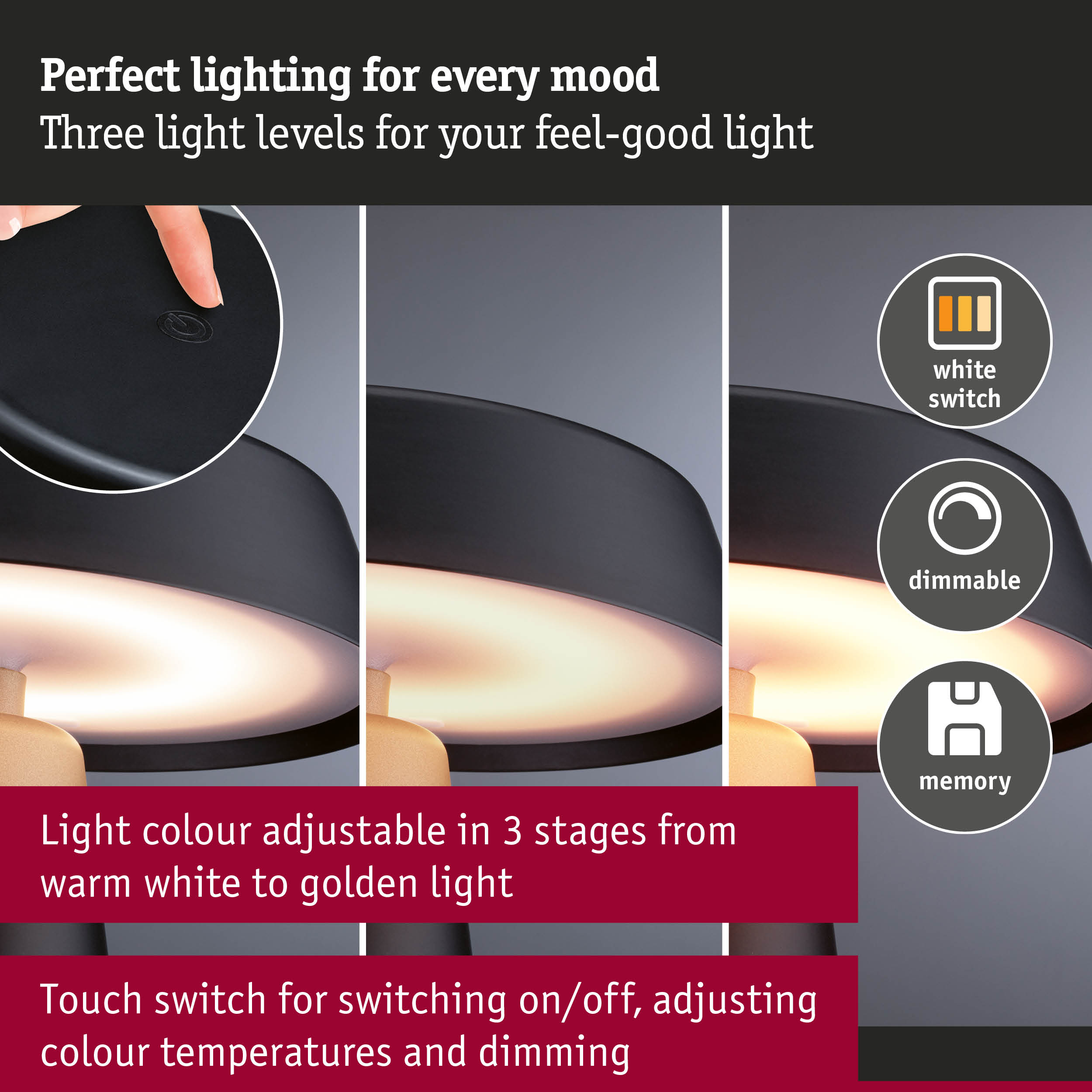 Lampa z regulowaną barwą i jasnością światła, sterowanie dotykowe.