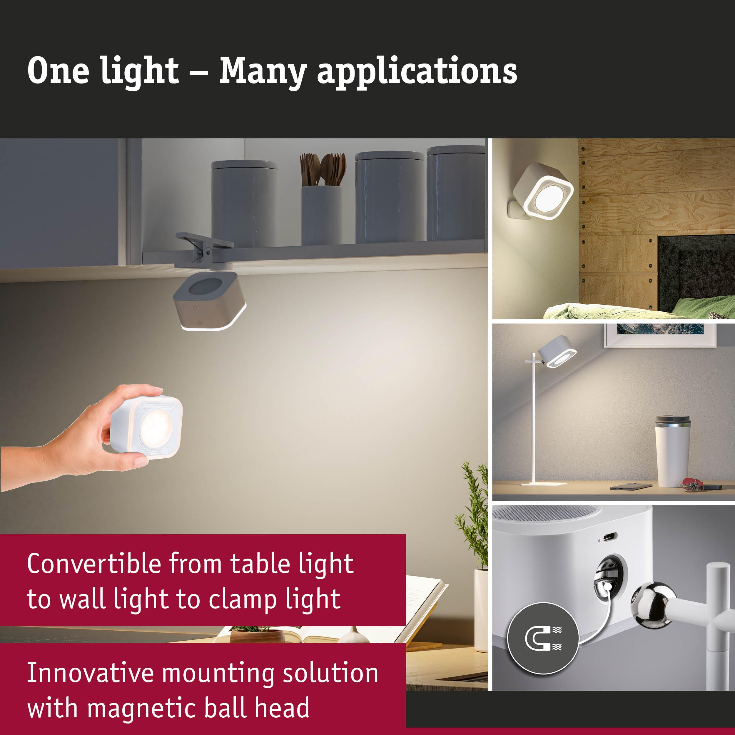 Jedno światło, wiele zastosowań: Lampa stołowa, ścienna, zaciskowa z magnetyczną głowicą kulową.