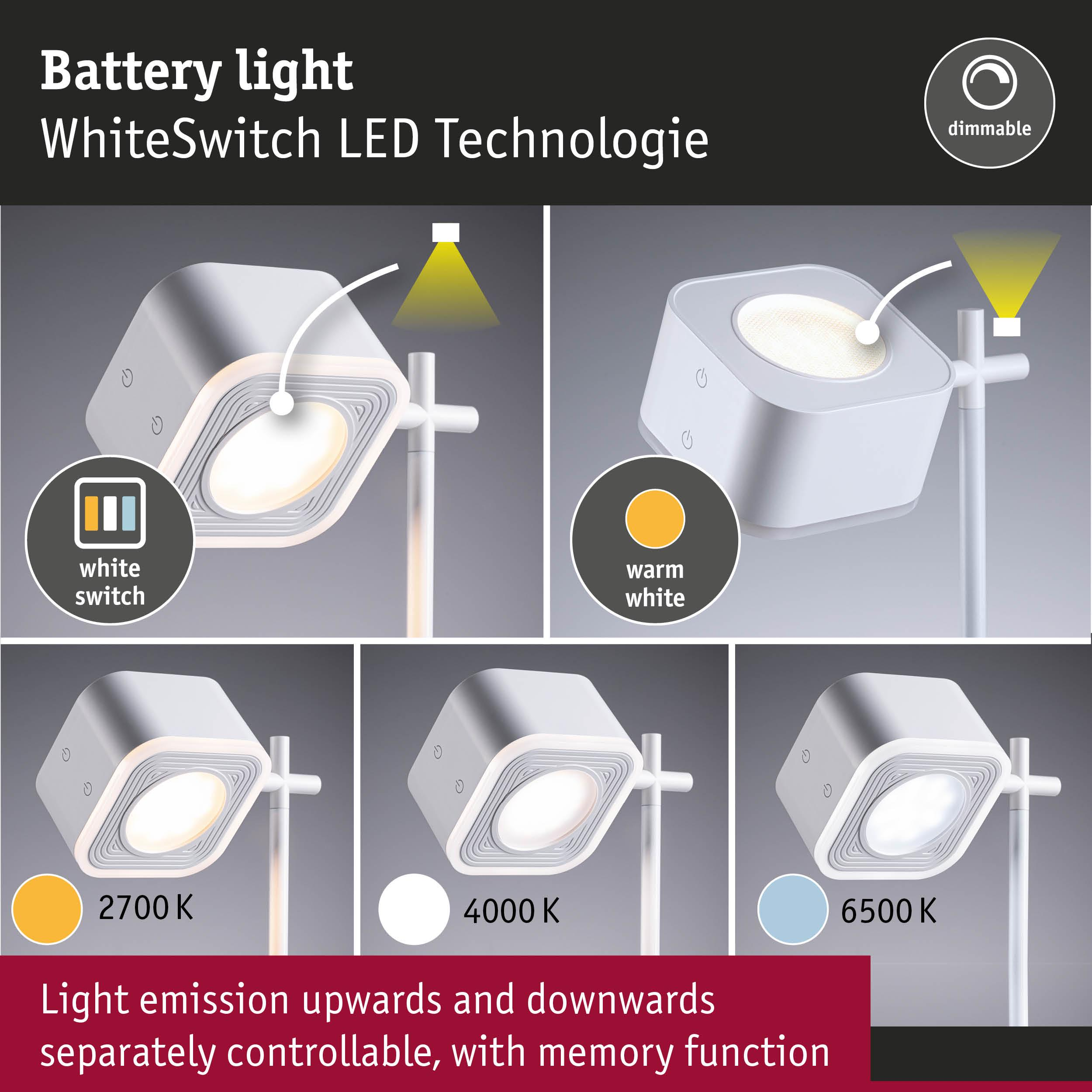 Nowoczesna lampa biurkowa akumulatorowa z regulacją barwy i jasności światła.