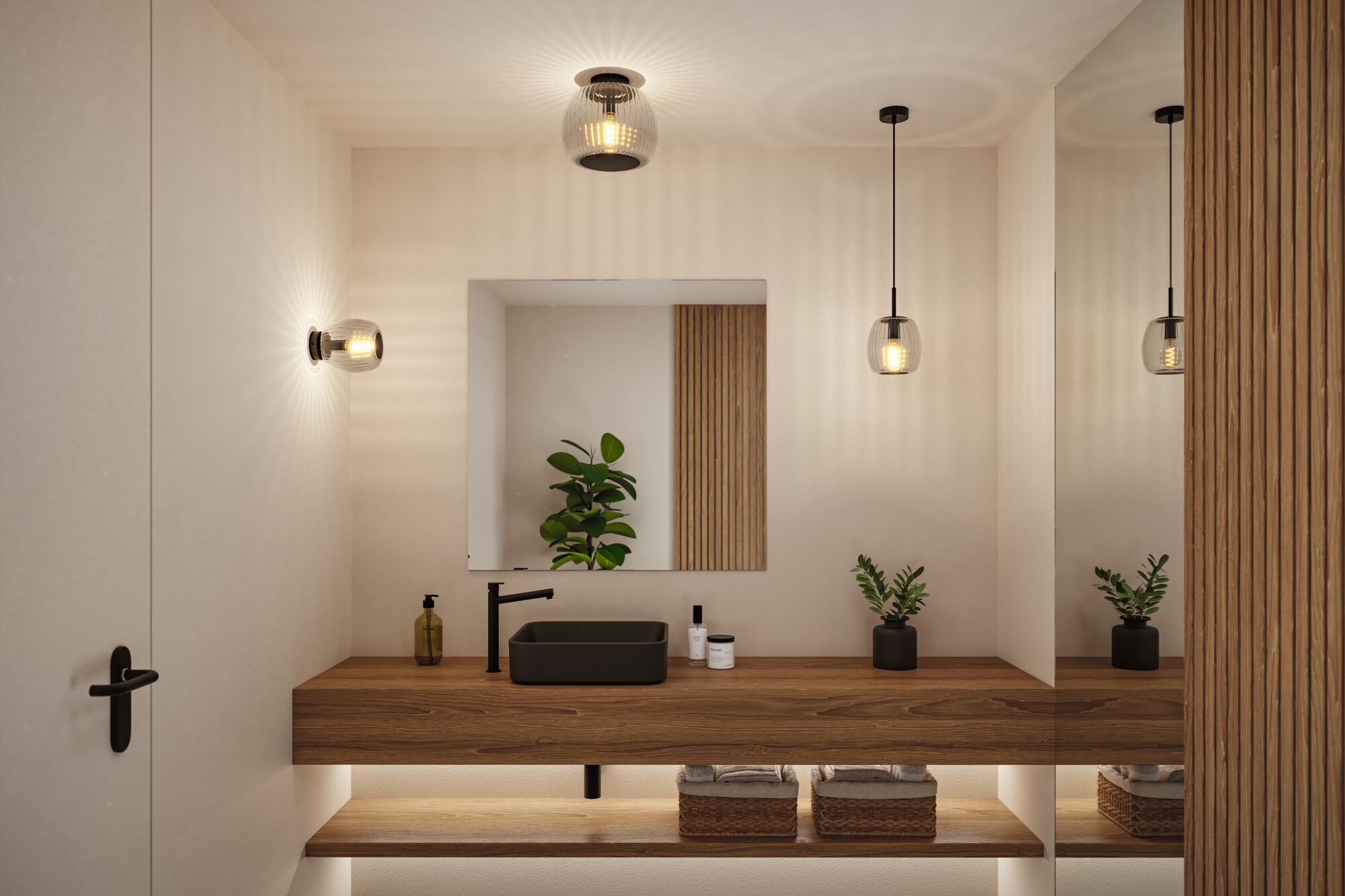 Modernes Badezimmer mit Holzakzenten, schwarzem Waschbecken und Spiegel.