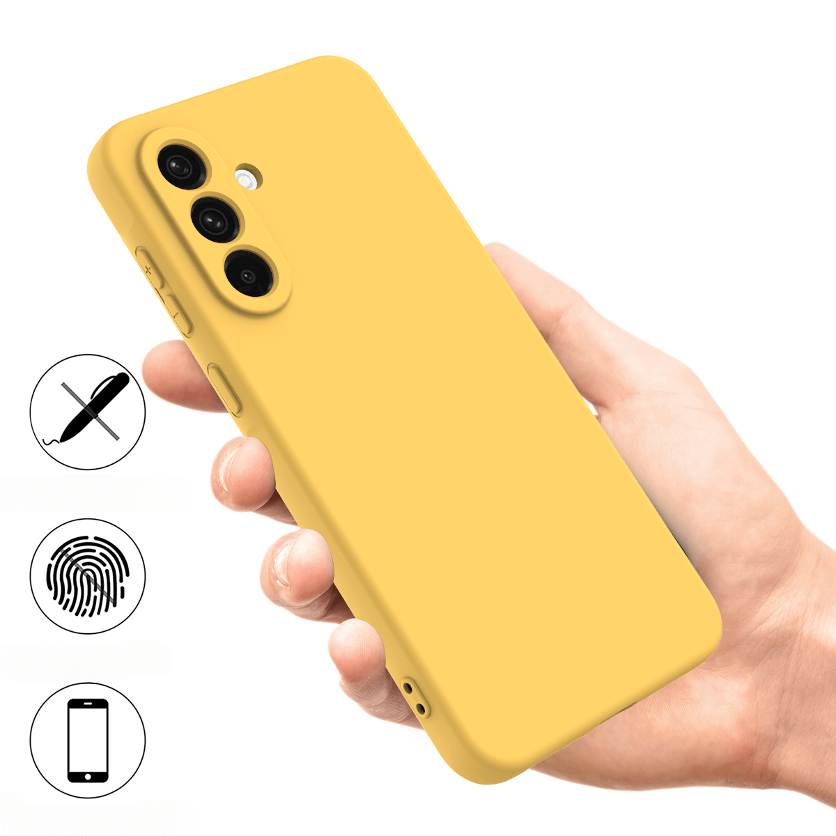 Gelbe Handyhülle in einer Hand, mit Icons für Stift, Fingerabdruck und Handy.