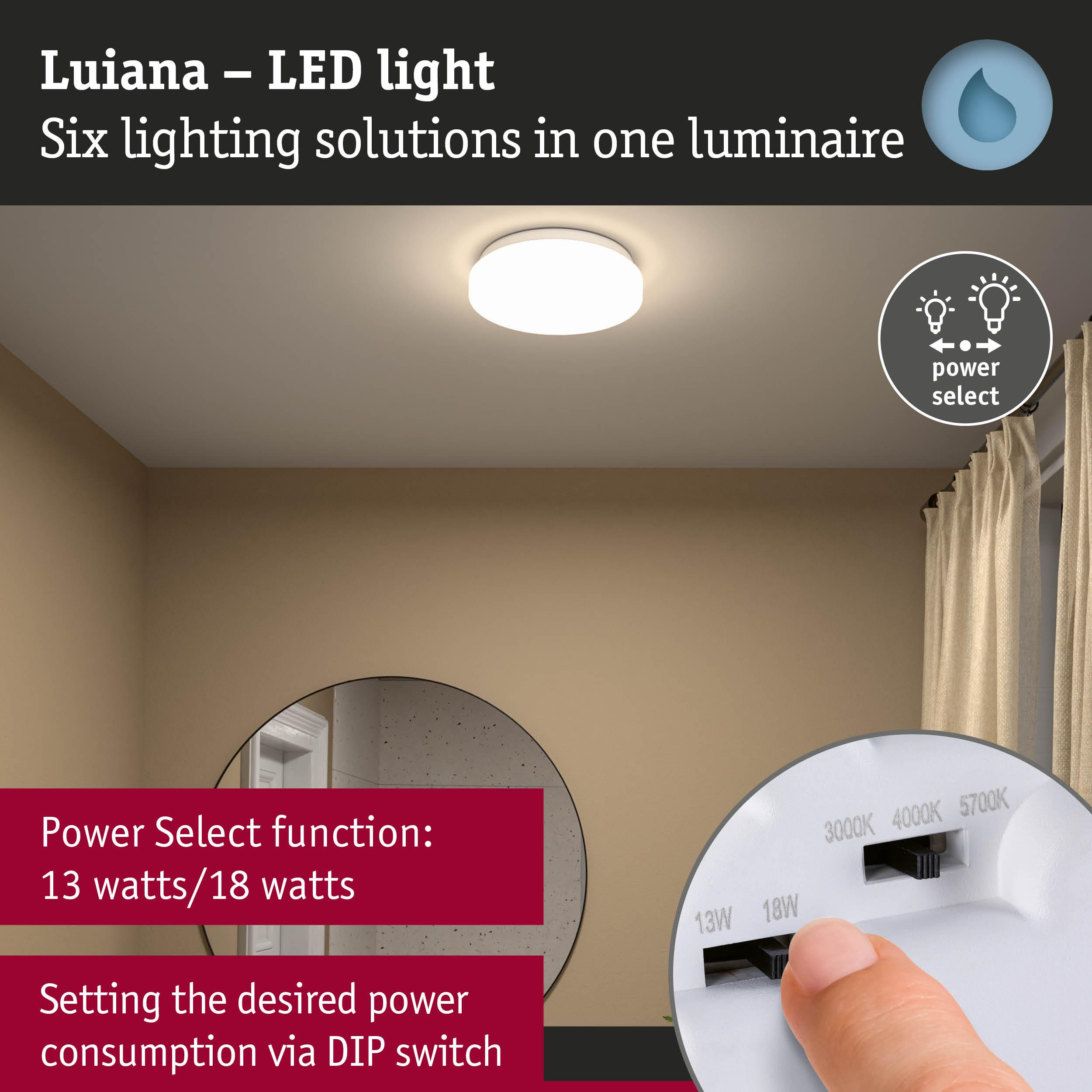Lampa LED Luiana z regulowaną mocą i temperaturą barwową przełącznikiem DIP.