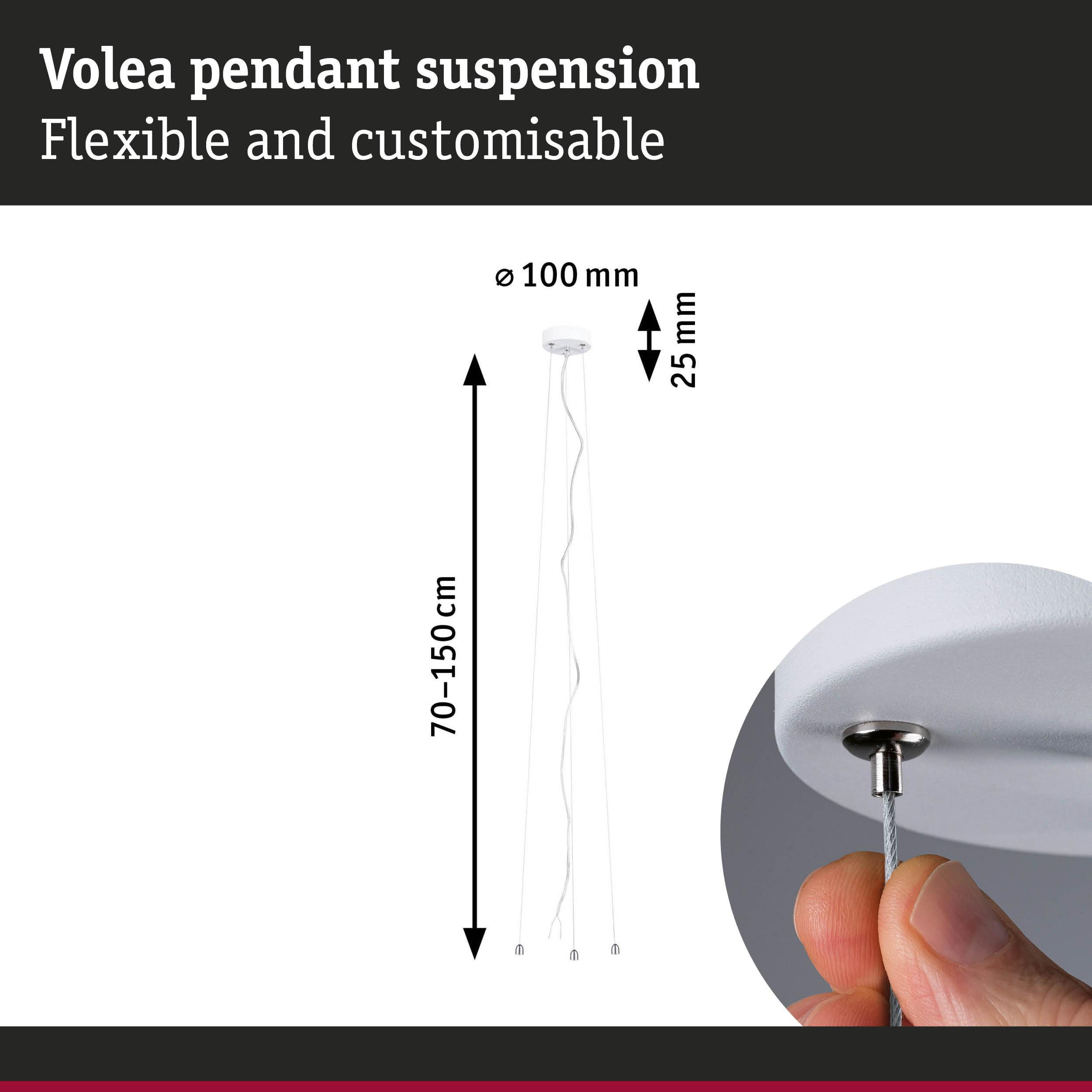 Zawieszenie lampy wiszącej Volea, długość 70-150 cm, średnica 100 mm.