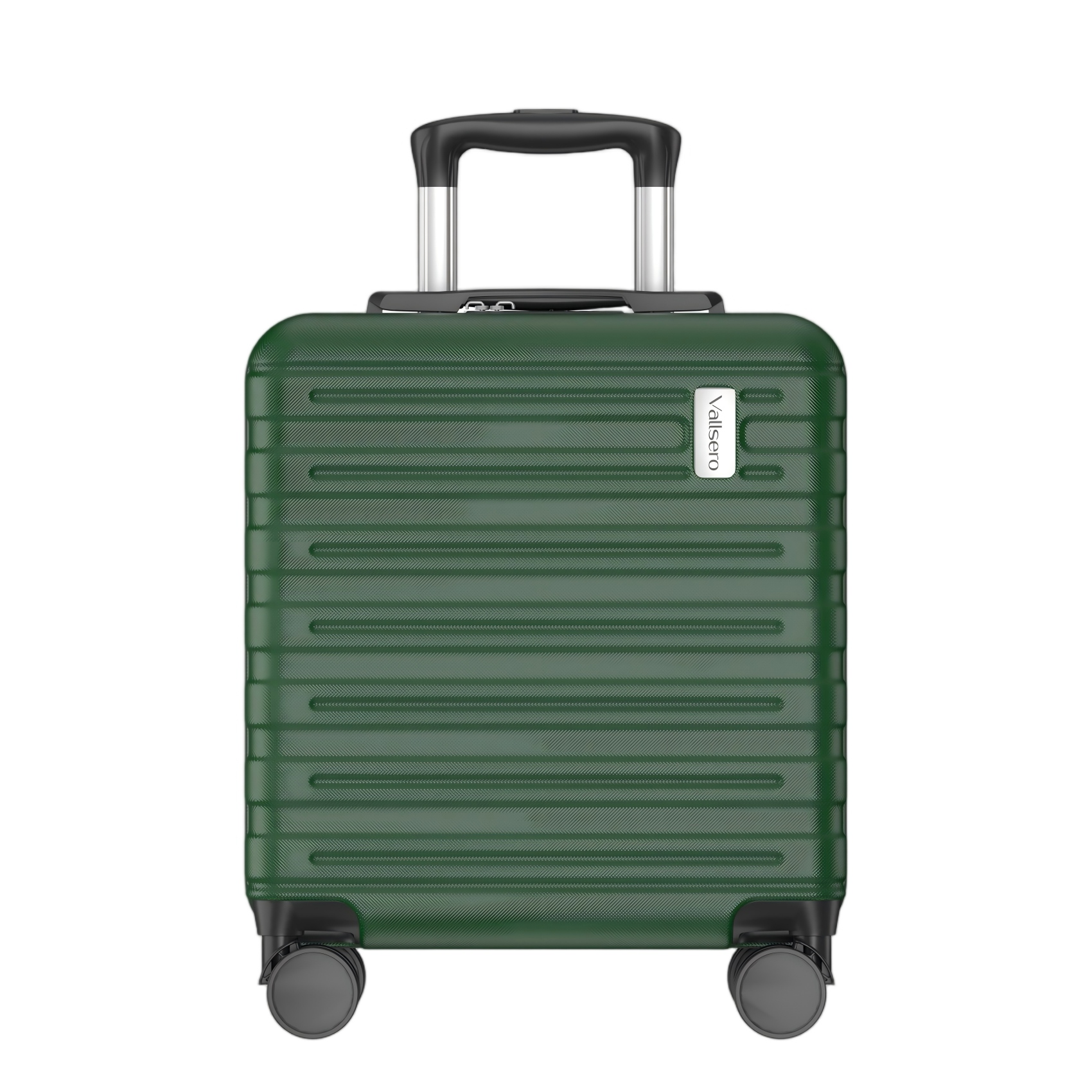 A dark green suitcase with wheels and a retractable handle.