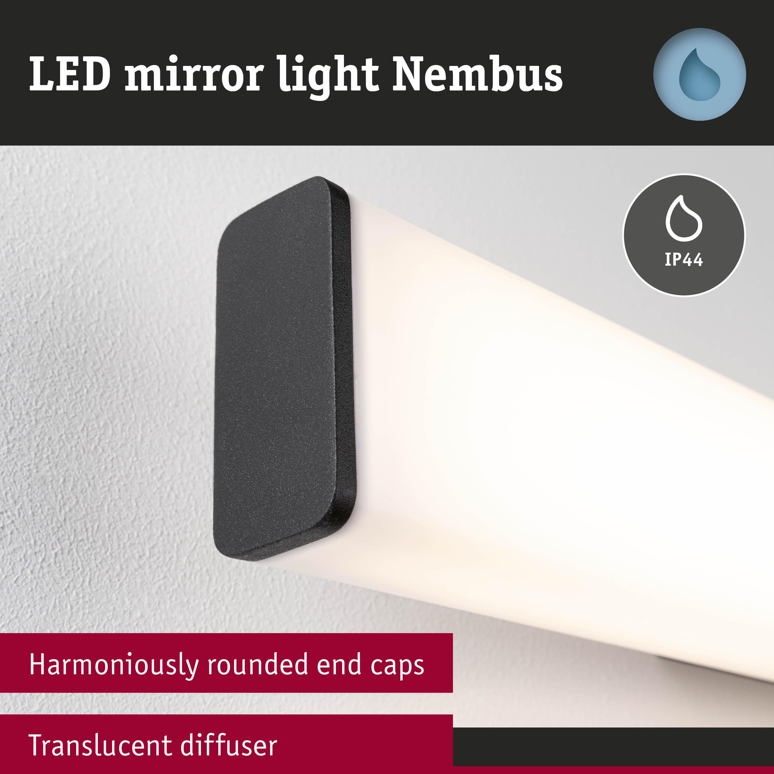 LED-Spiegelleuchte Nembus mit rundem Endstück und IP44-Schutz.