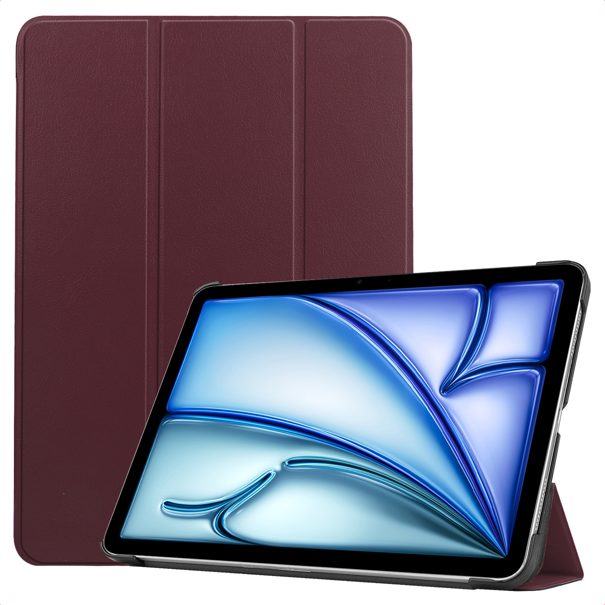 Ein dunkelrotes Tablet mit einer Hülle, die als Ständer dient.