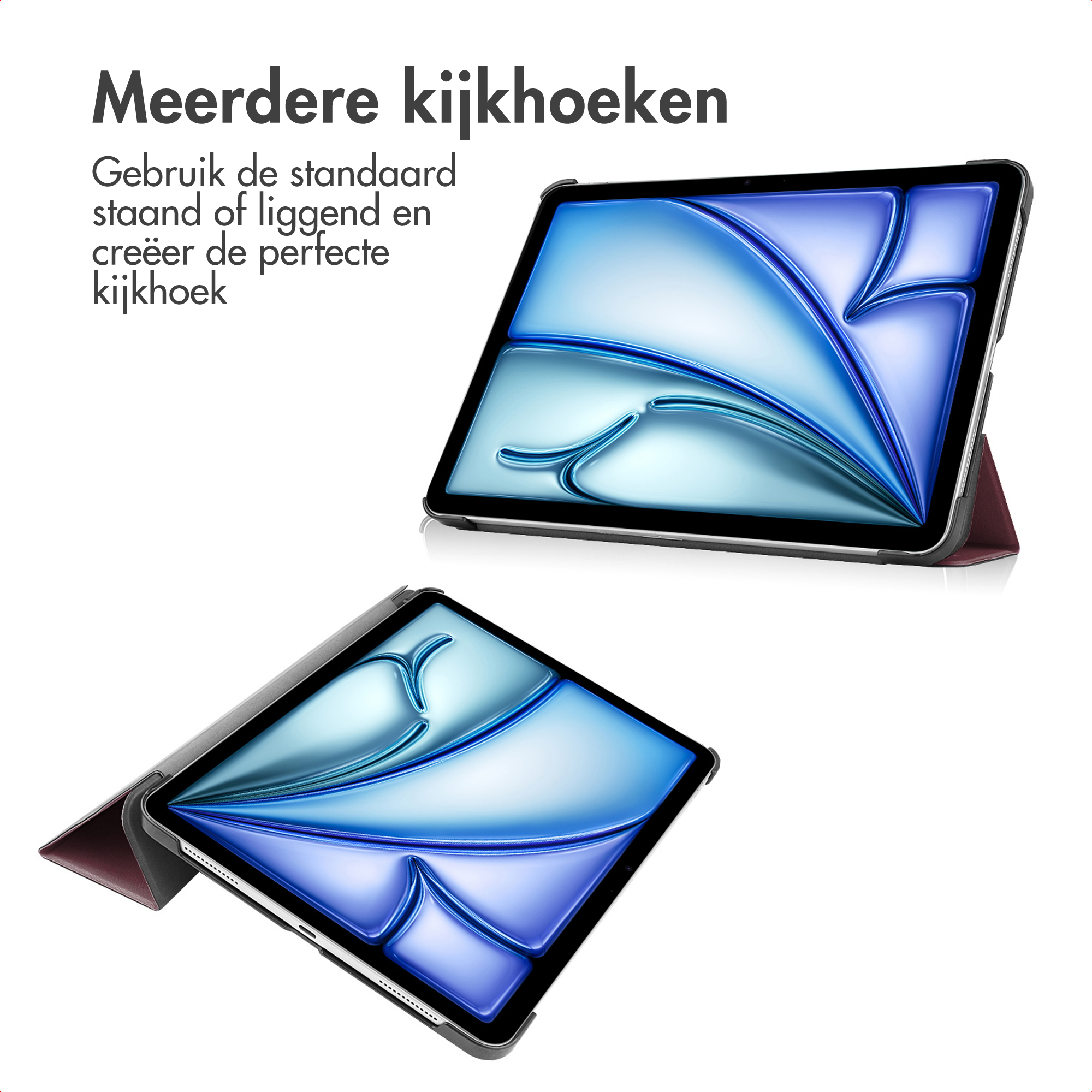 Ein Tablet in einem dunkelroten Ständer, mit abstraktem blauen Hintergrund.