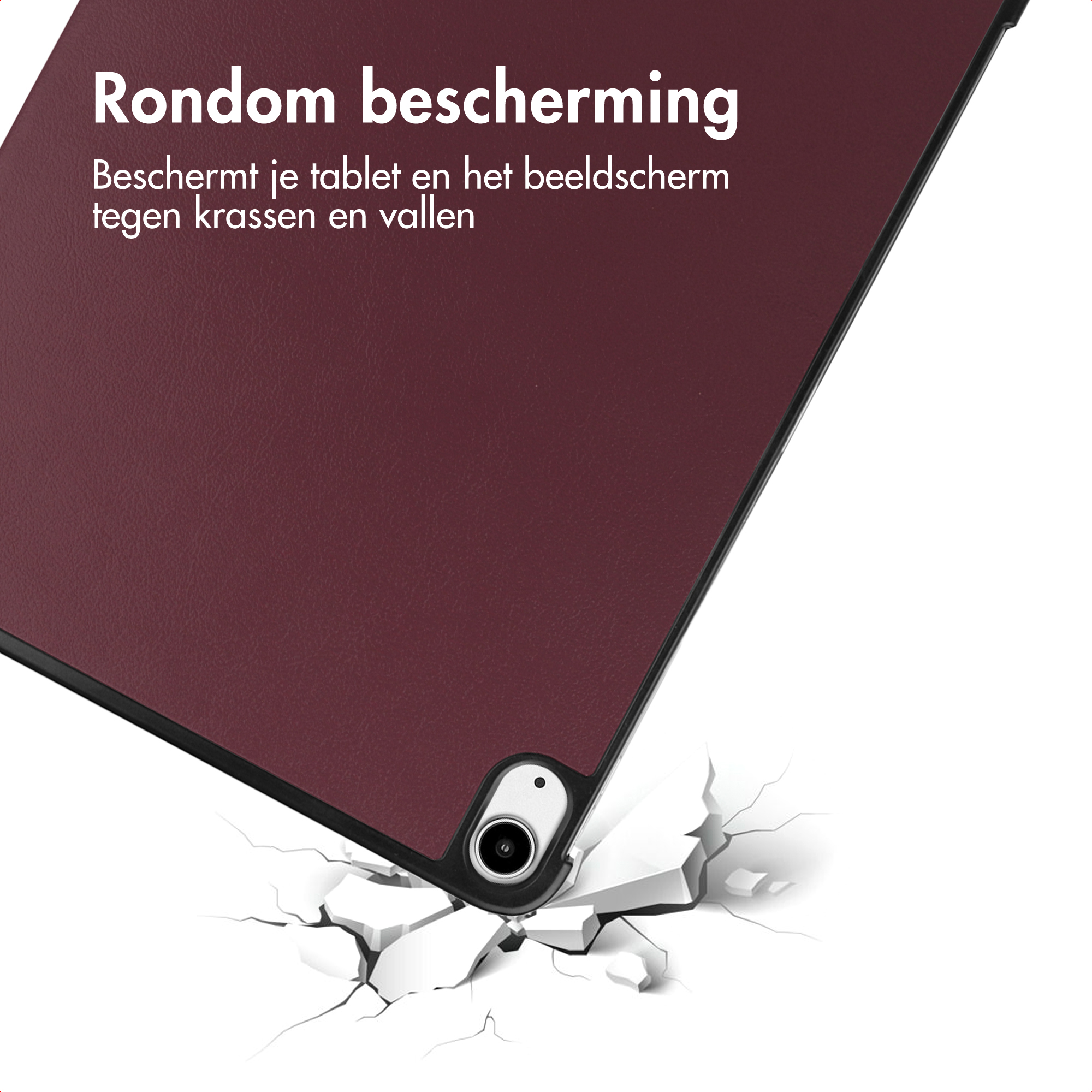 Rote Tablet-Hülle mit Kamera, die auf zersprungenen Boden fällt.