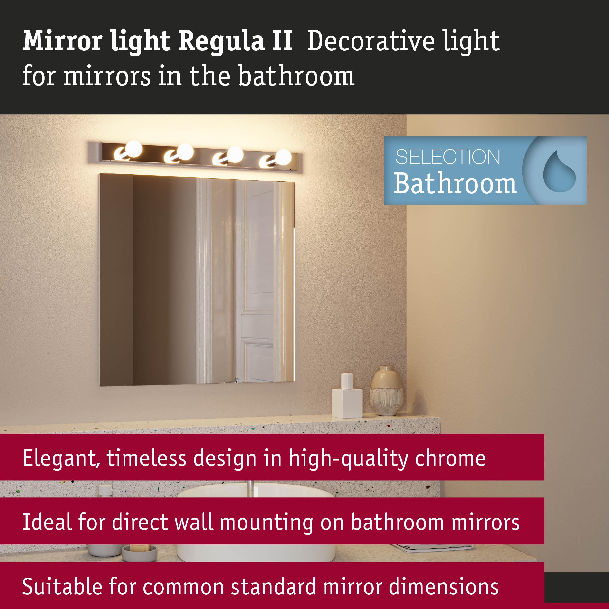 Oświetlenie lustra łazienkowego, eleganckie chromowane, do montażu na ścianie.