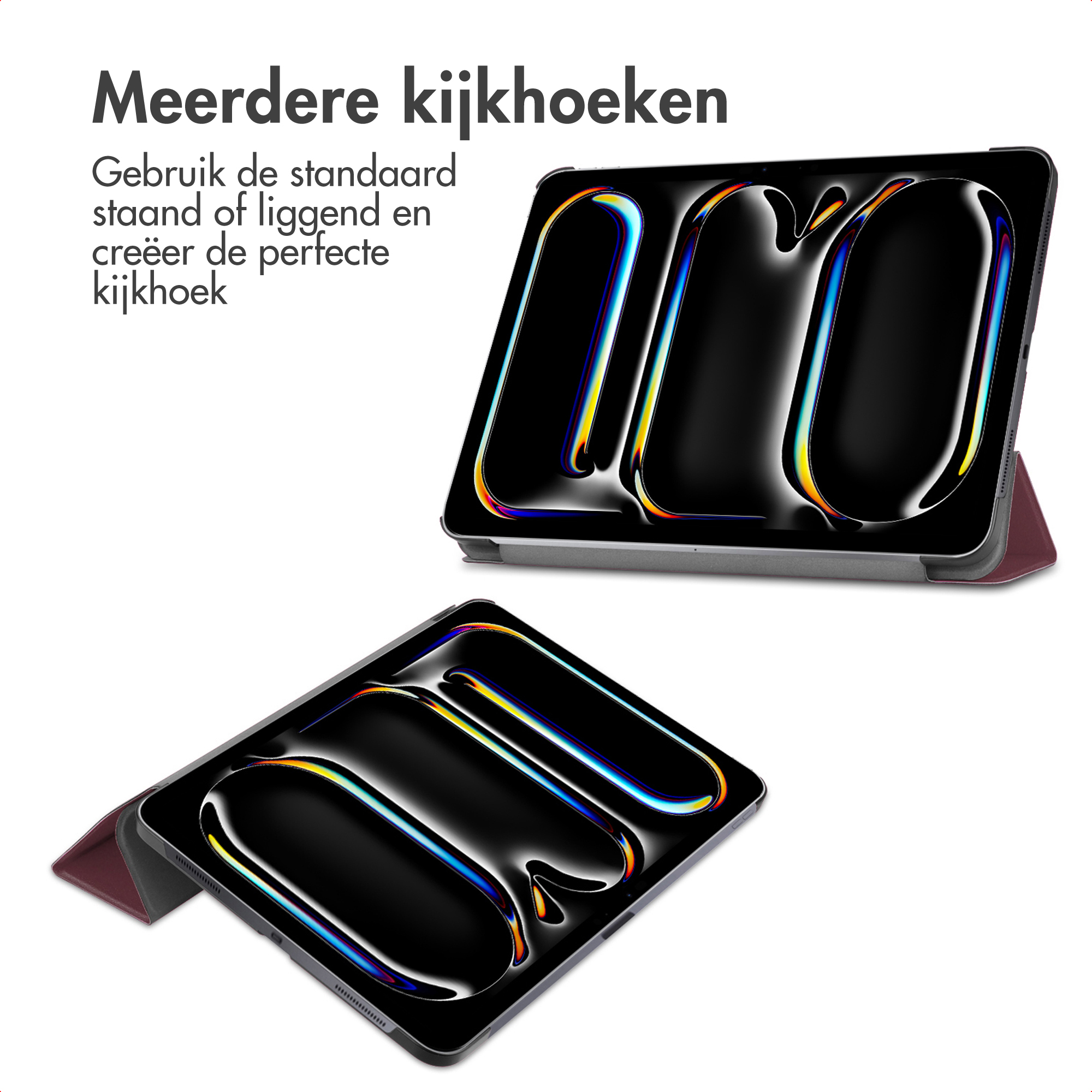 Twee tablets in een rode standaard, één rechtopstaand, één liggend.