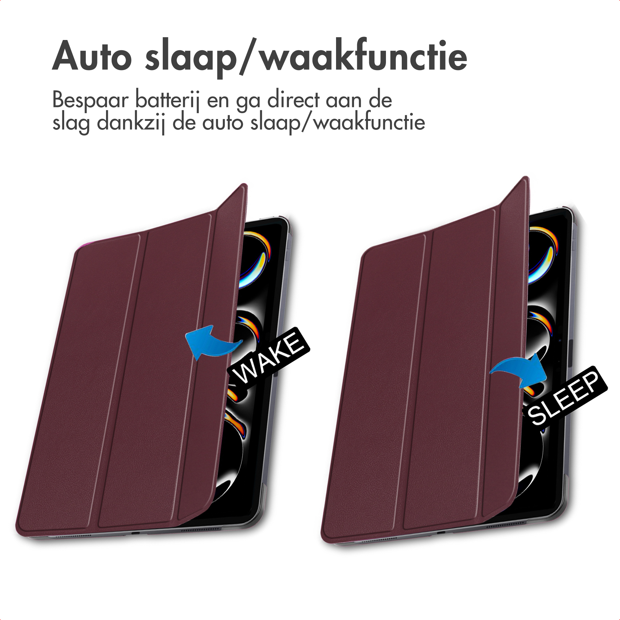Een bordeaux tablet met hoes die opengaat en sluit, toont wakker en slaap.