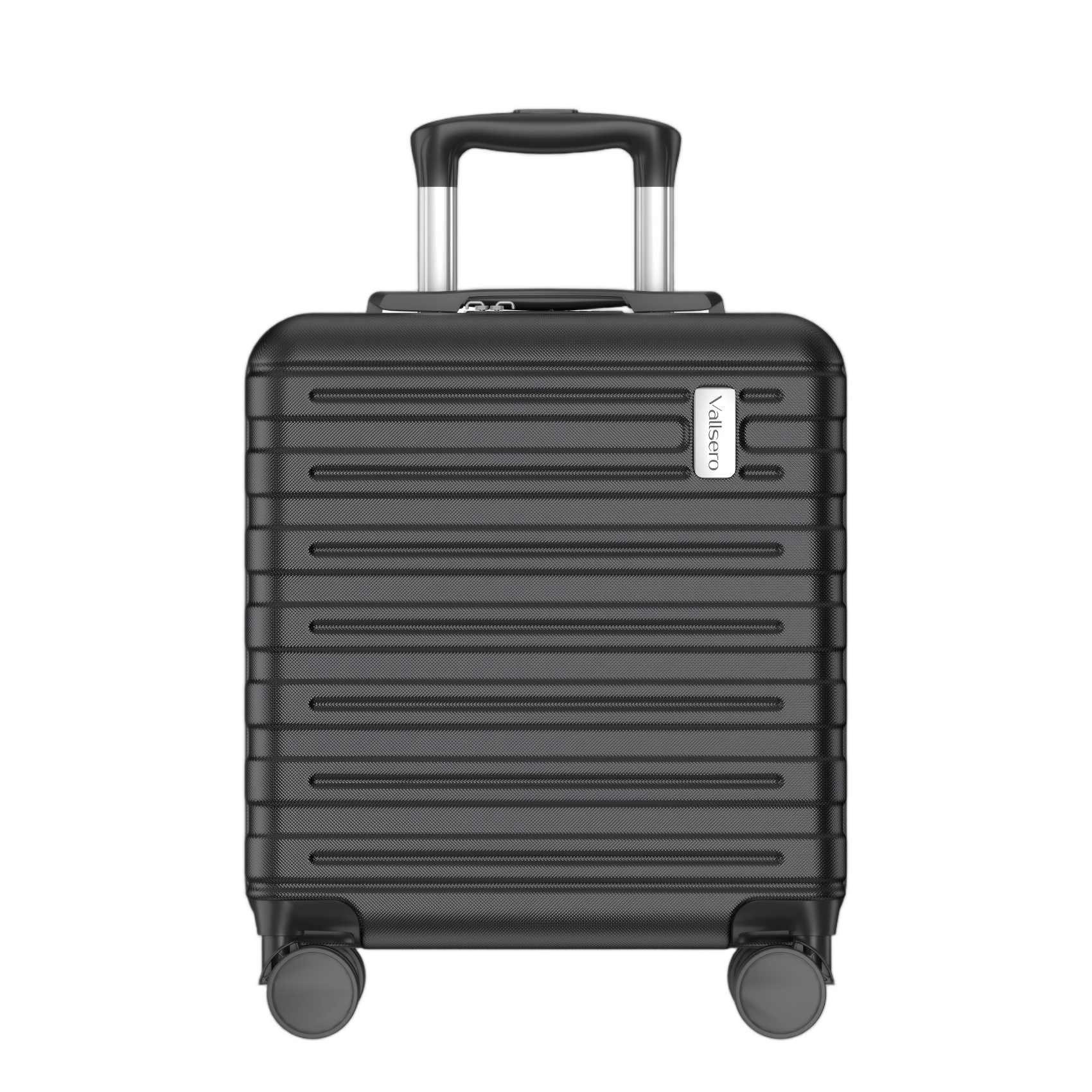 A black rolling suitcase with a retractable handle and four wheels.