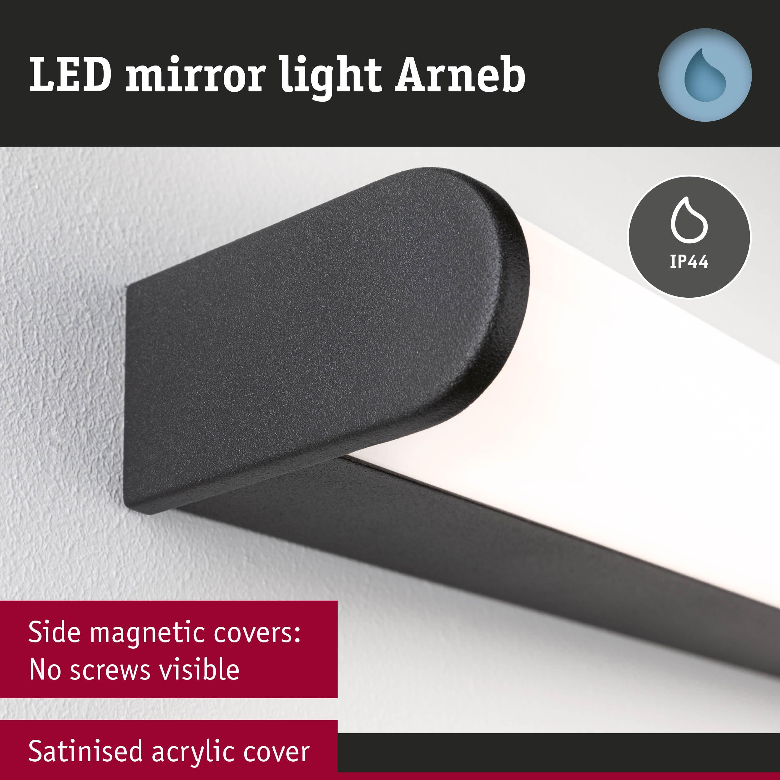 Schwarzer LED Spiegel-Leuchtenarm mit weißem Licht, IP44.