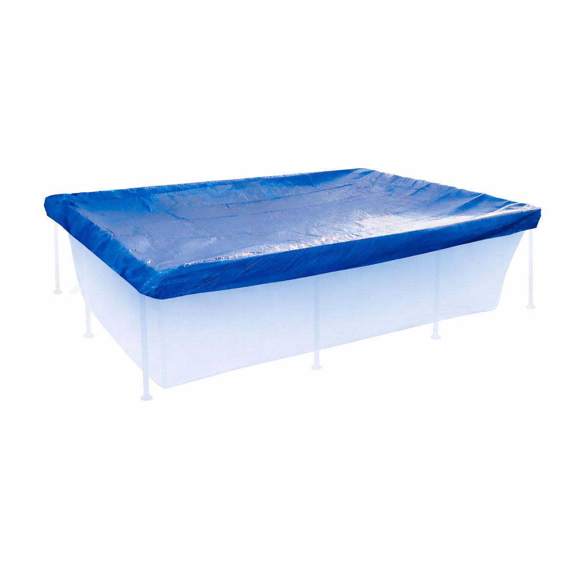 Eine blaue Poolabdeckung ist über einem rechteckigen Pool mit weißen Stützen angebracht.