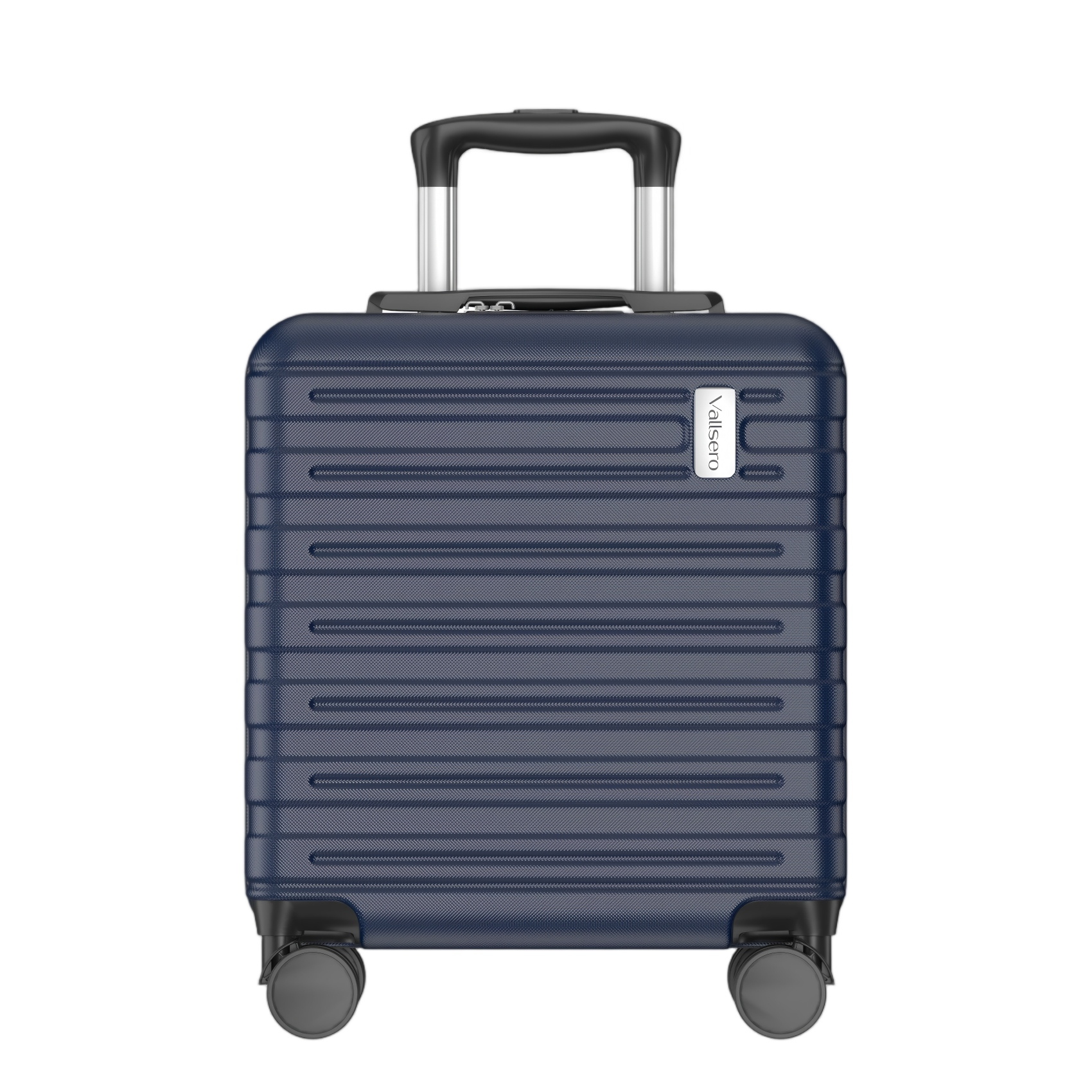 A dark blue suitcase with a silver handle and black wheels on a white background.