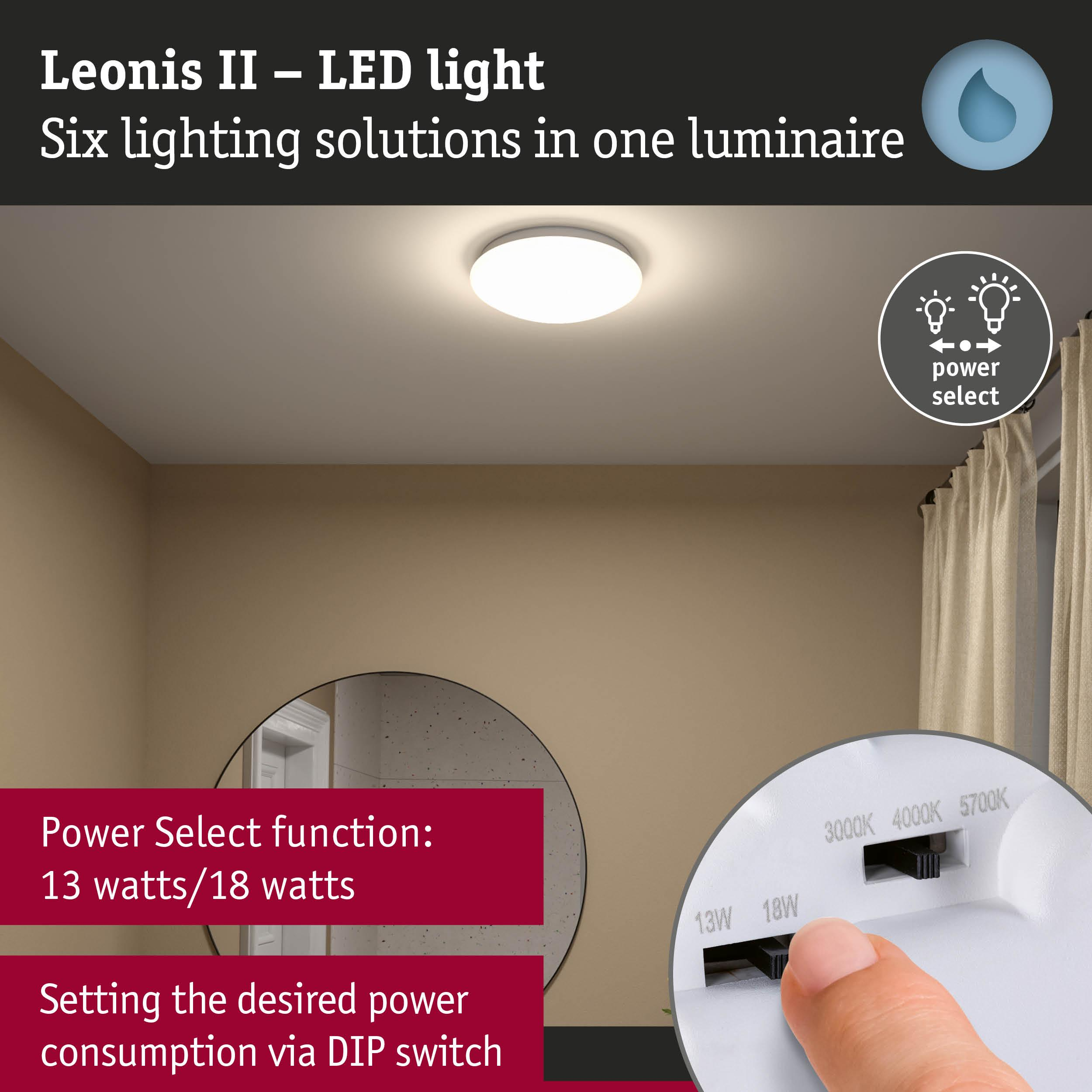Lampa LED Leonis II z przełącznikiem DIP do wyboru 13W/18W.