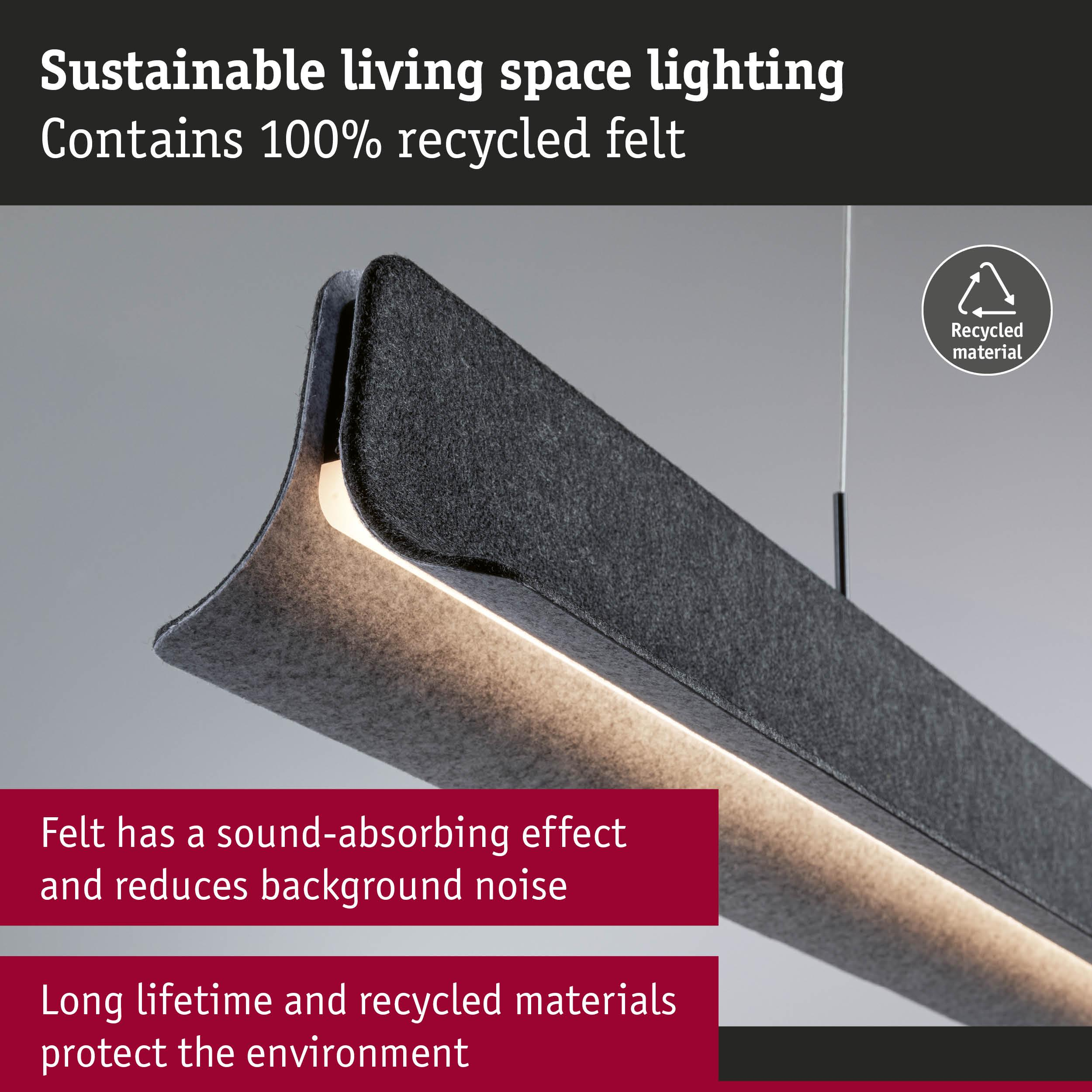 Eine graue Filzleuchte mit integriertem Lichtband, die aus recycelten Materialien hergestellt wurde.